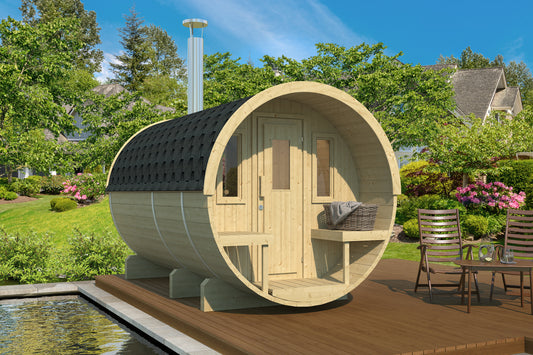 Steam & Oak Saaren 330 barrel sauna in Nordic spruce on a poolside deck, with covered terrace