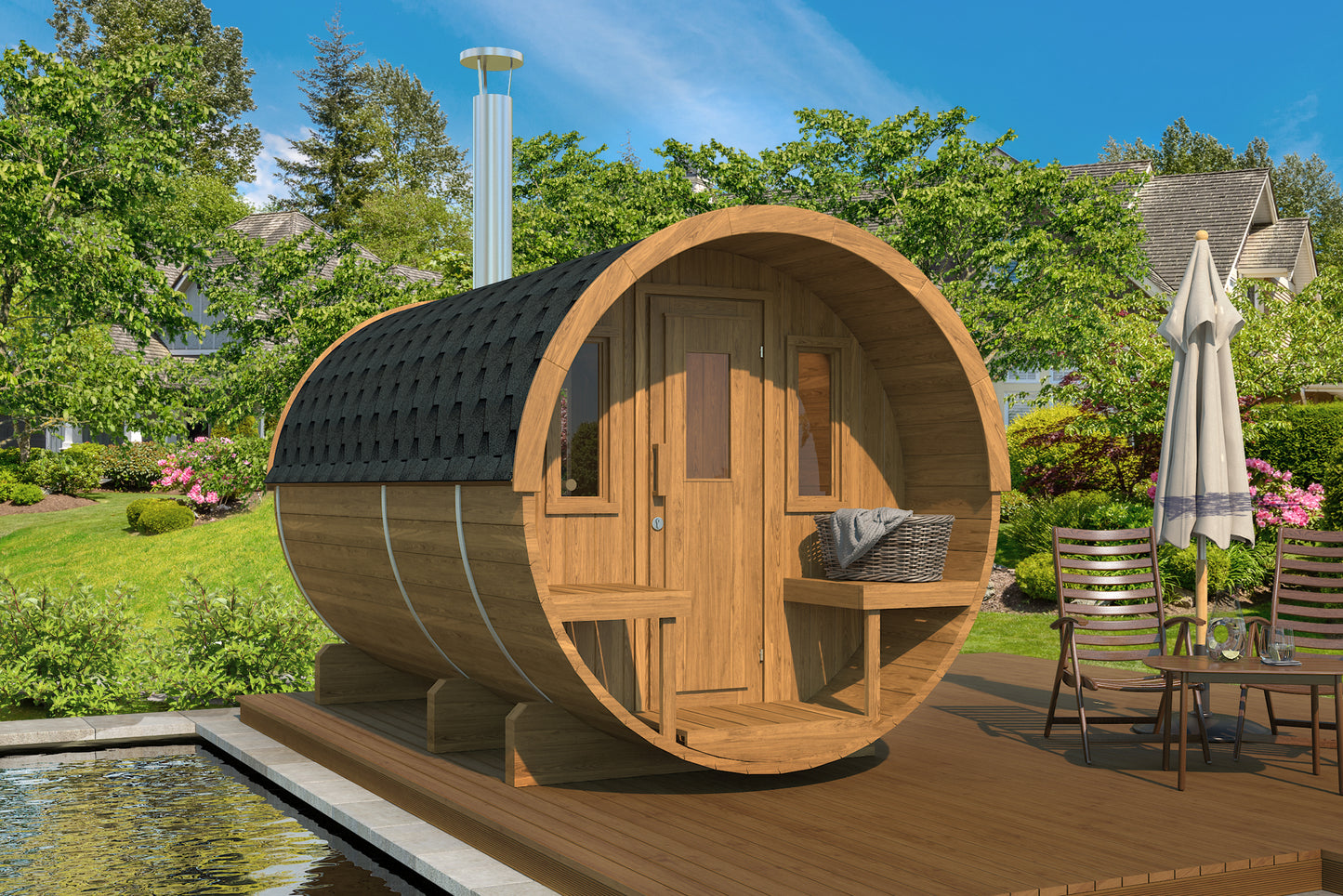 Steam & Oak Saaren 330 barrel sauna in thermowood with covered terrace