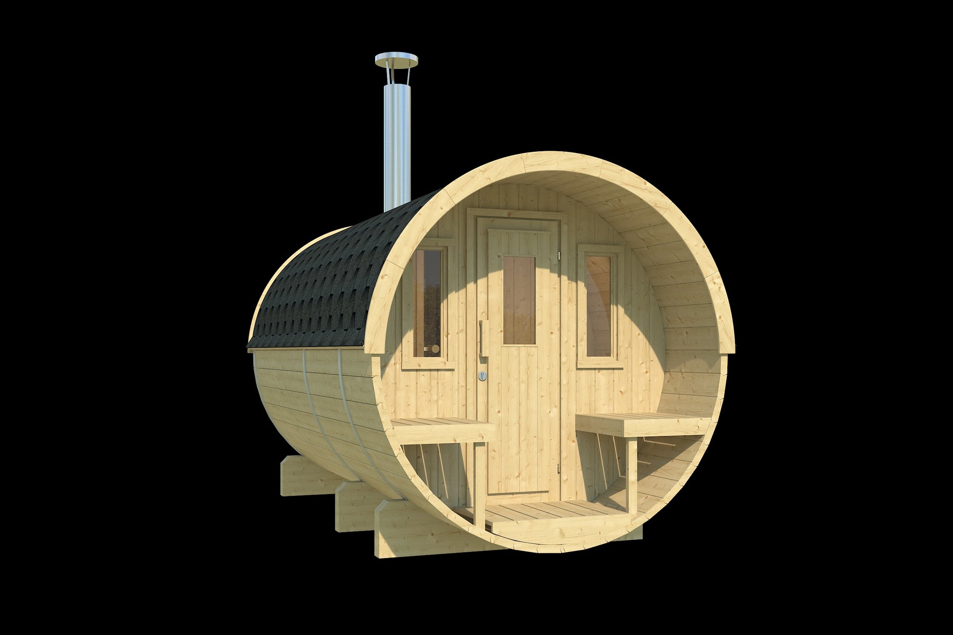 Saaren 330 barrel sauna in thermowood, studio view