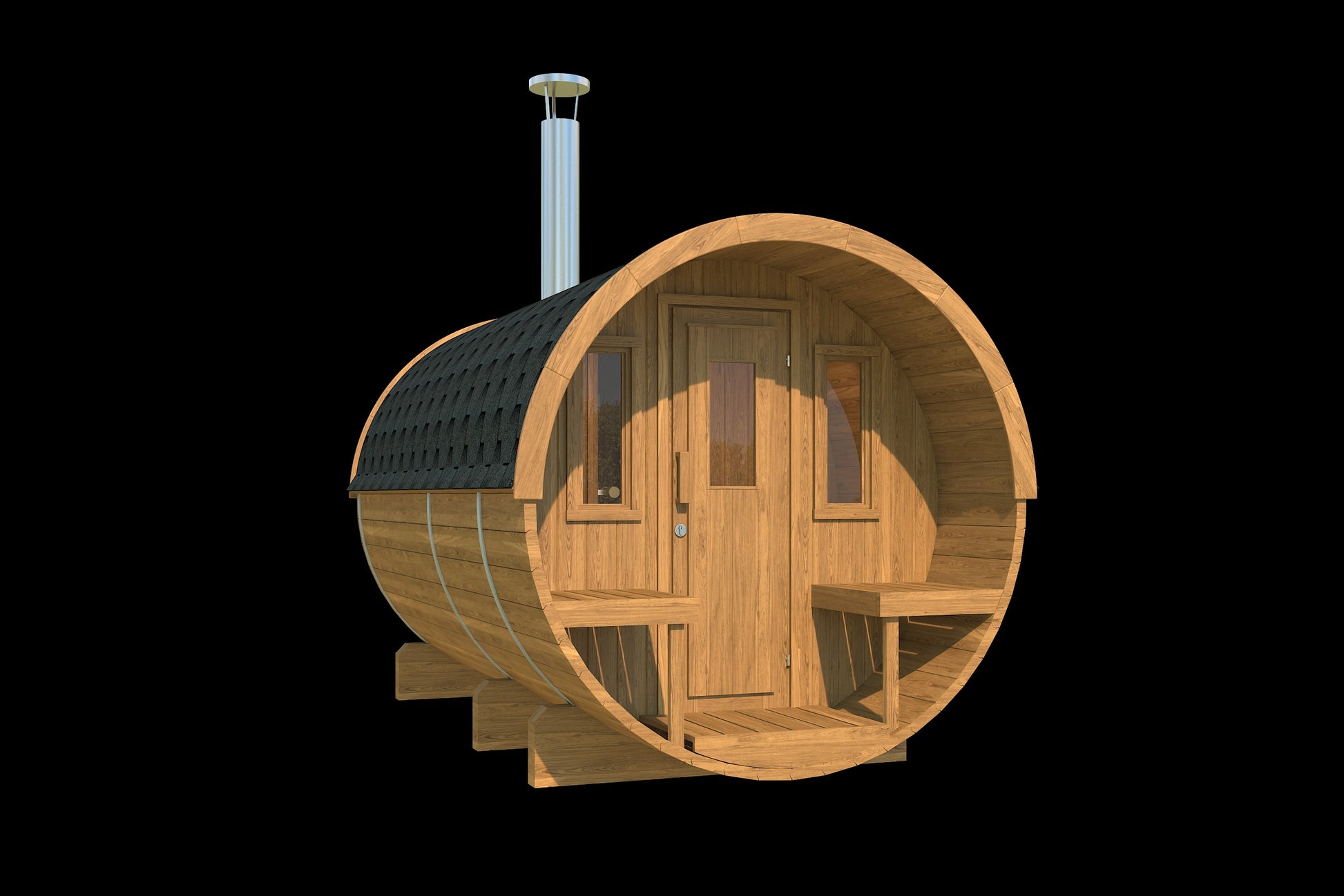Saaren 330 barrel sauna showing entrance door and terrace benches