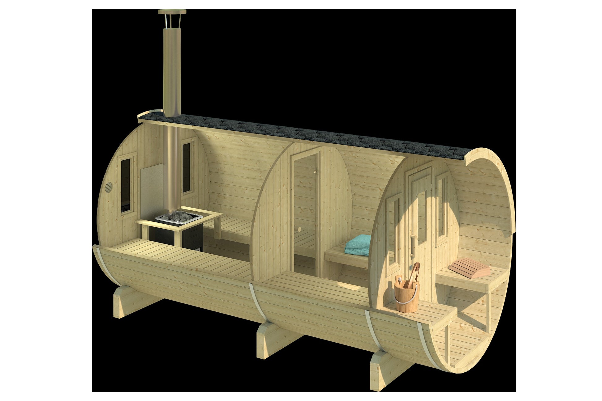 Saaren 400 cutaway showing three spaces: hot room with wood stove, glass door, changing room and terrace