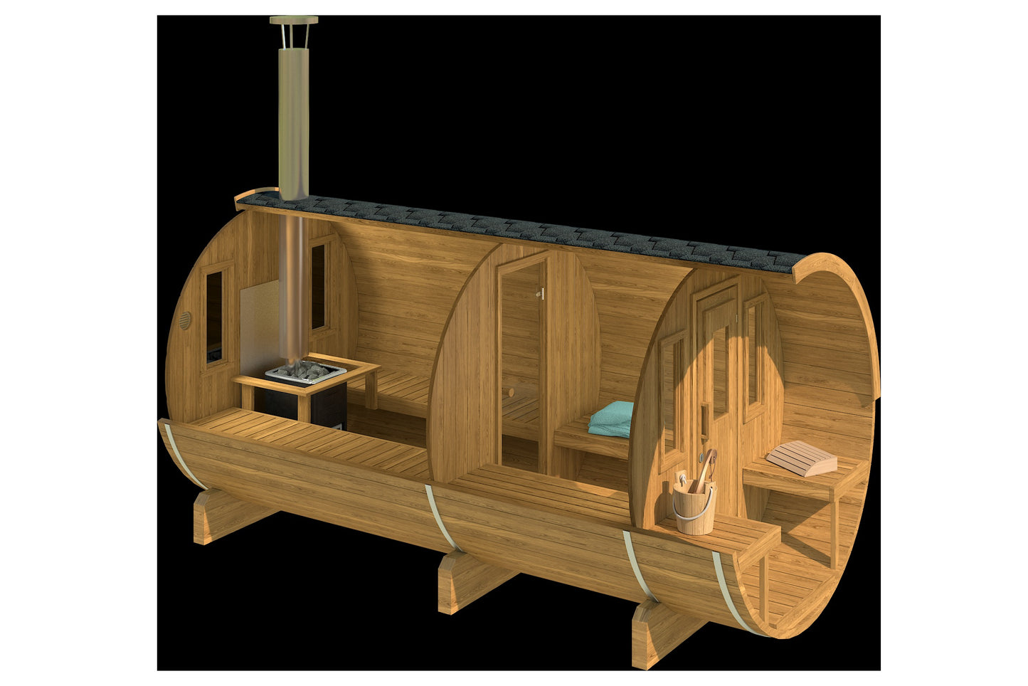 Saaren 400 cutaway in thermowood showing hot room, changing room and terrace