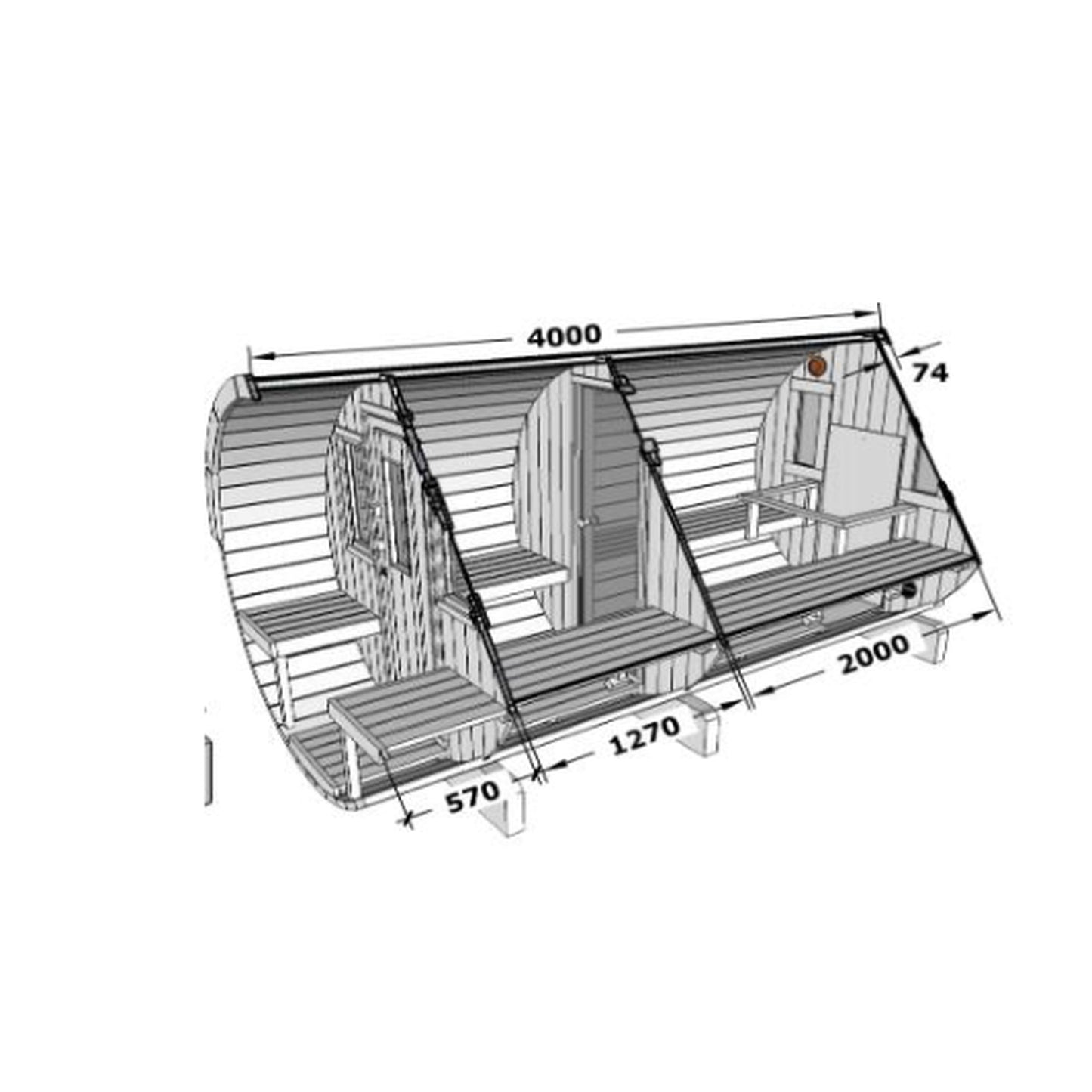 Saaren 400 dimensions: 4000 mm long, 2050 mm diameter, 2000 mm hot room plus 1270 mm changing room plus 570 mm terrace