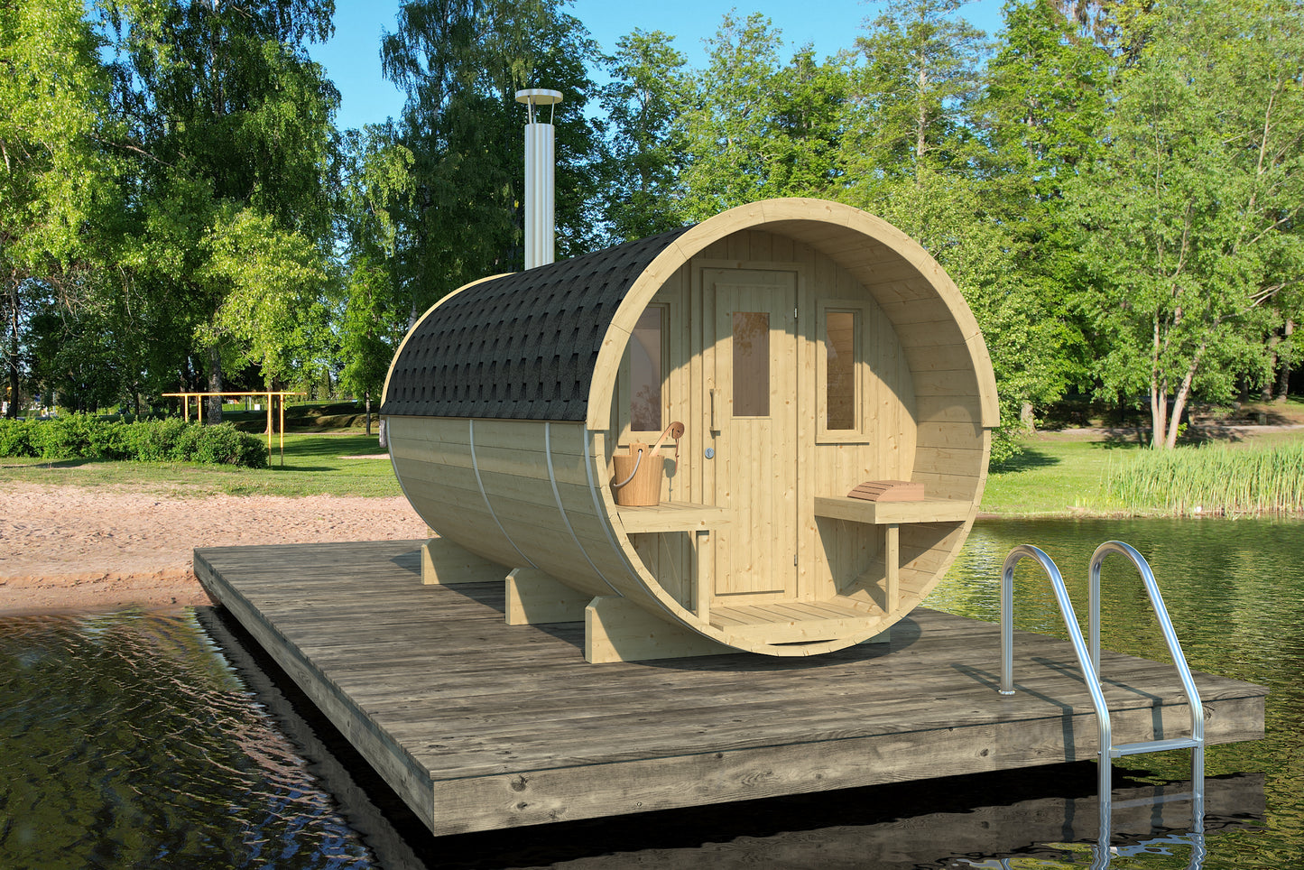 Steam & Oak Saaren 400 barrel sauna in Nordic spruce on a lakeside jetty with covered terrace