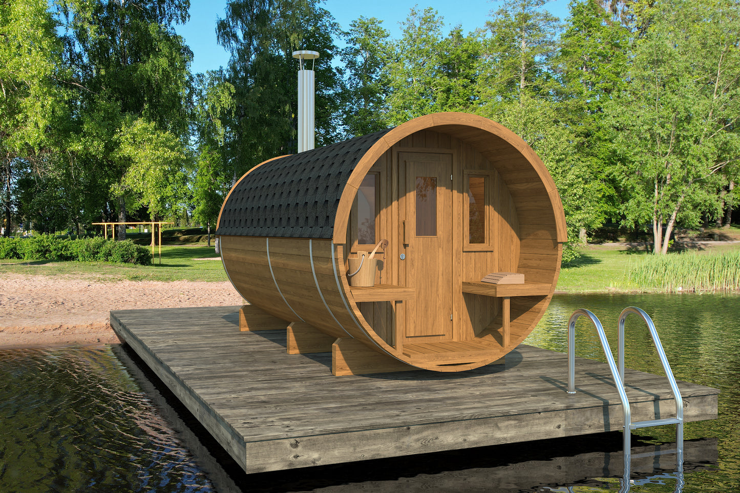 Steam & Oak Saaren 400 barrel sauna in thermowood with covered terrace
