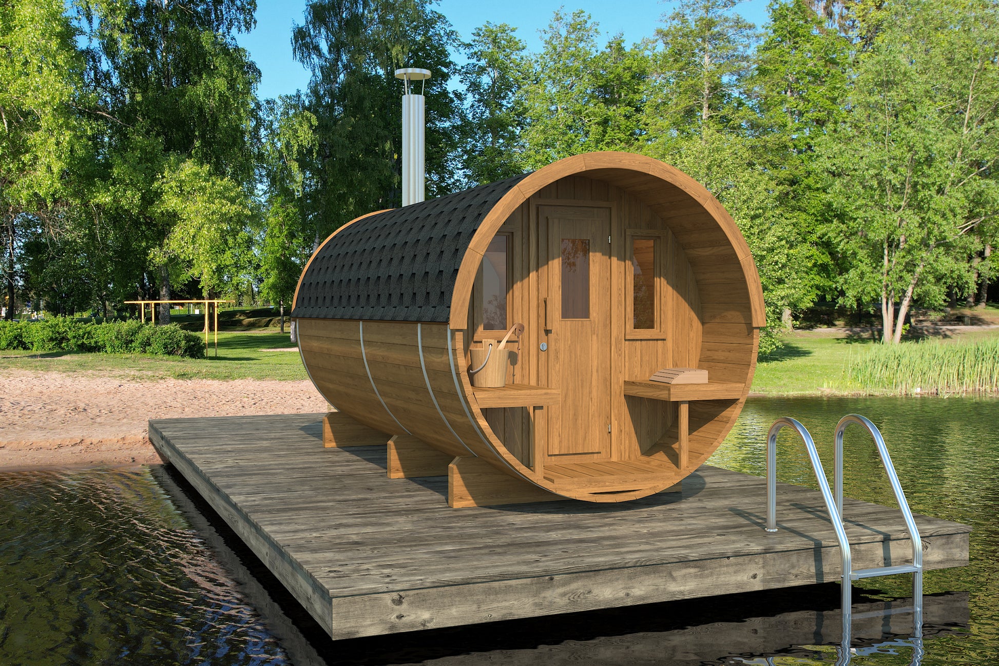 Steam & Oak Saaren 400 barrel sauna in thermowood with covered terrace