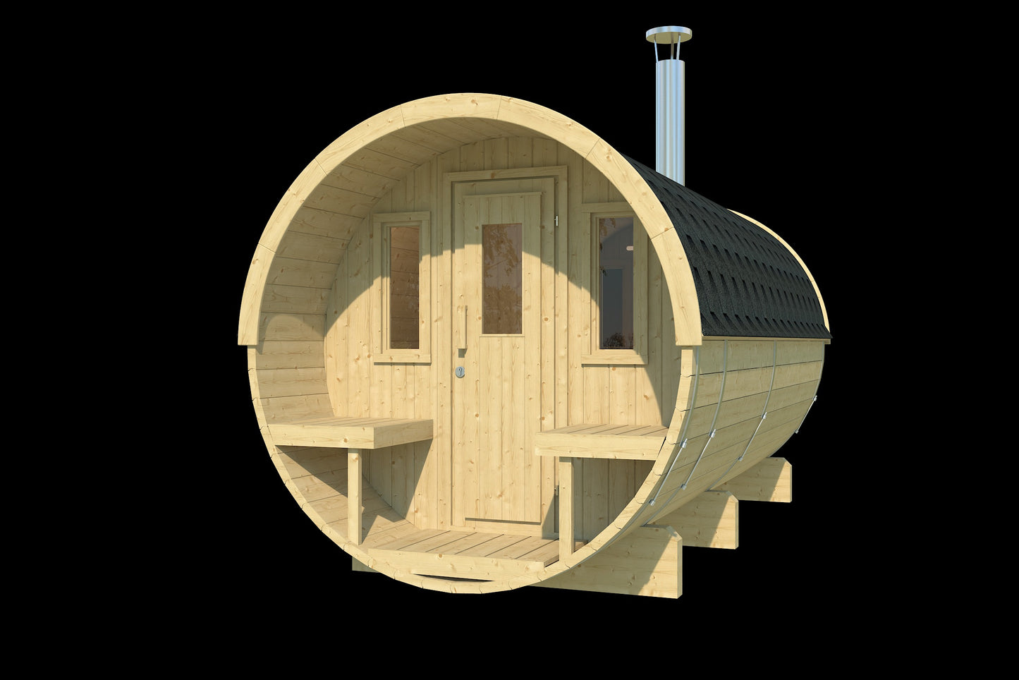 Saaren 400 barrel sauna in spruce, studio view showing entrance and terrace benches