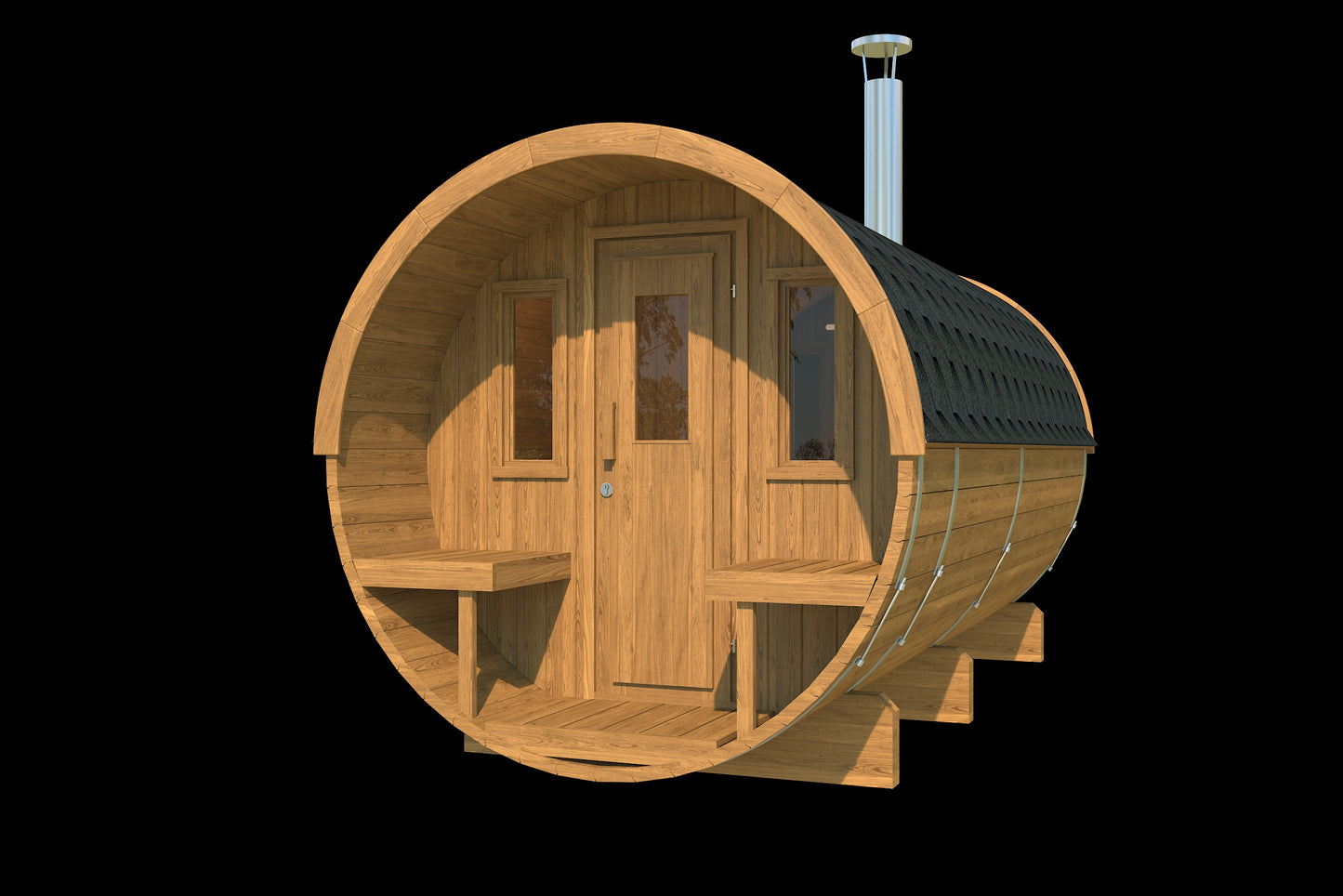 Saaren 400 barrel sauna in thermowood, studio view