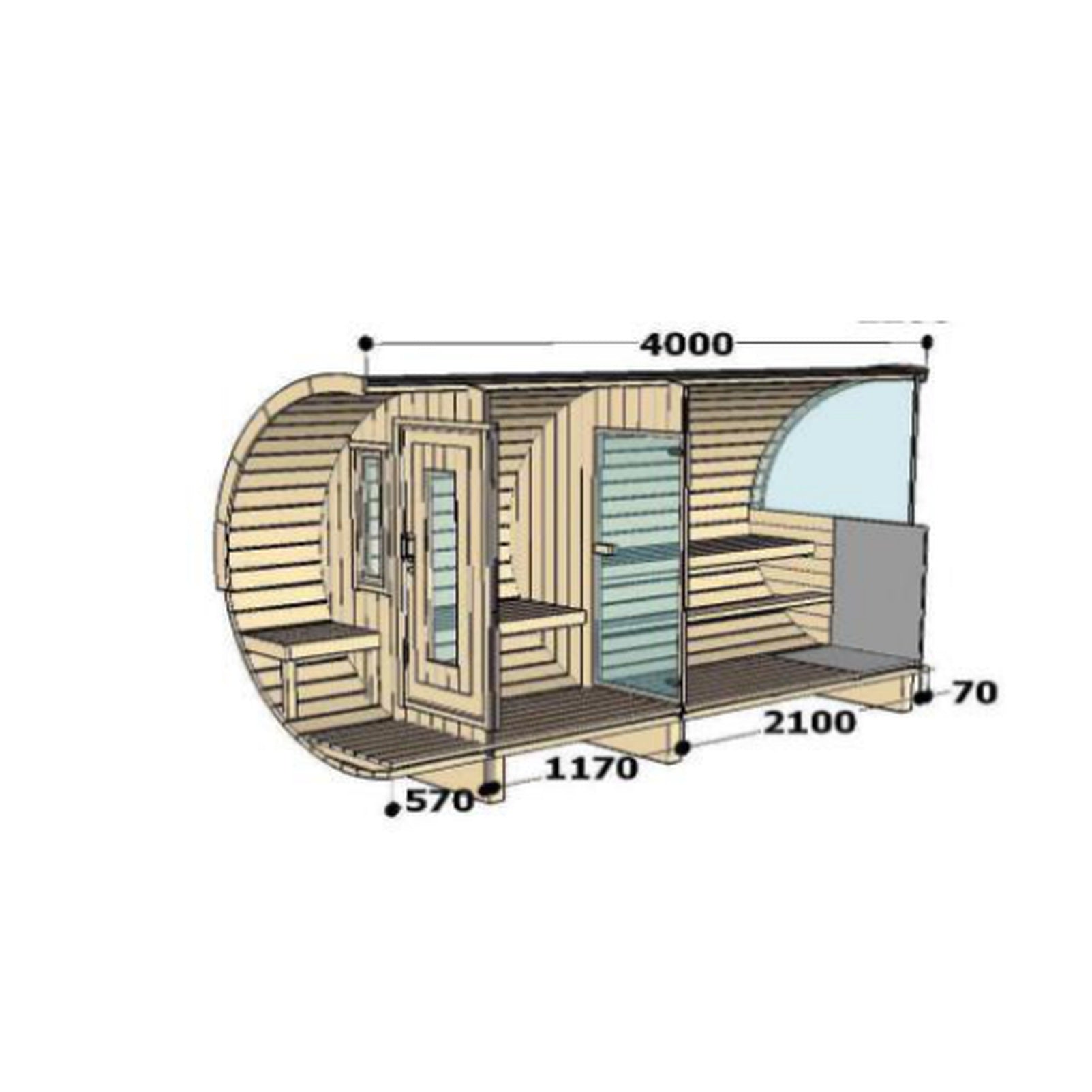 Saaren 400 Panorama dimensions: 4000 mm long, 2350 mm diameter, 2100 mm hot room plus 1170 mm changing room plus 570 mm terrace