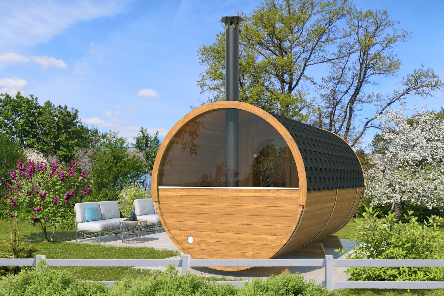Steam & Oak Saaren 400 Panorama barrel sauna in thermowood, showing the half-moon glass back wall