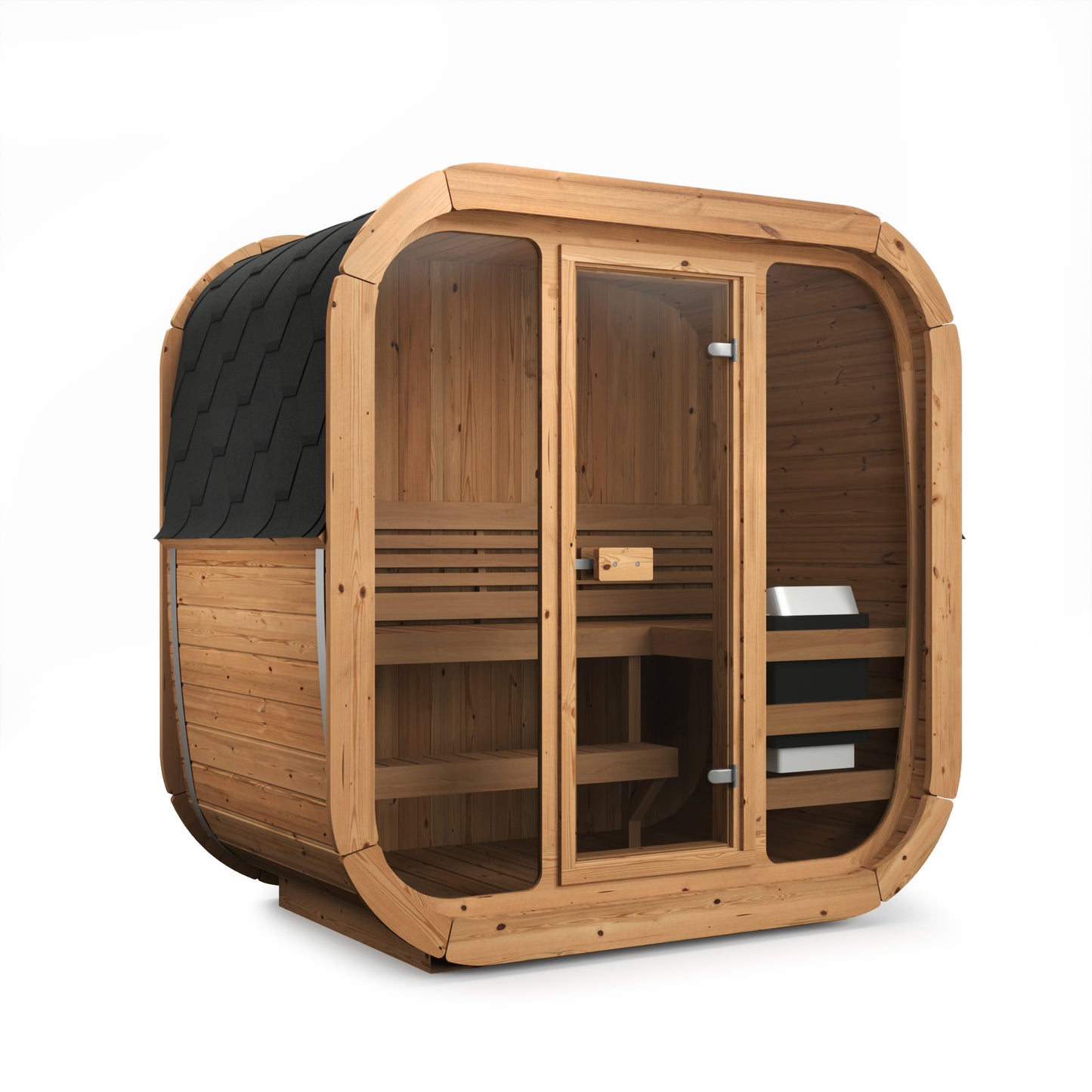 Steam & Oak Solo 205 outdoor sauna angled view showing rounded thermowood profile and glass door