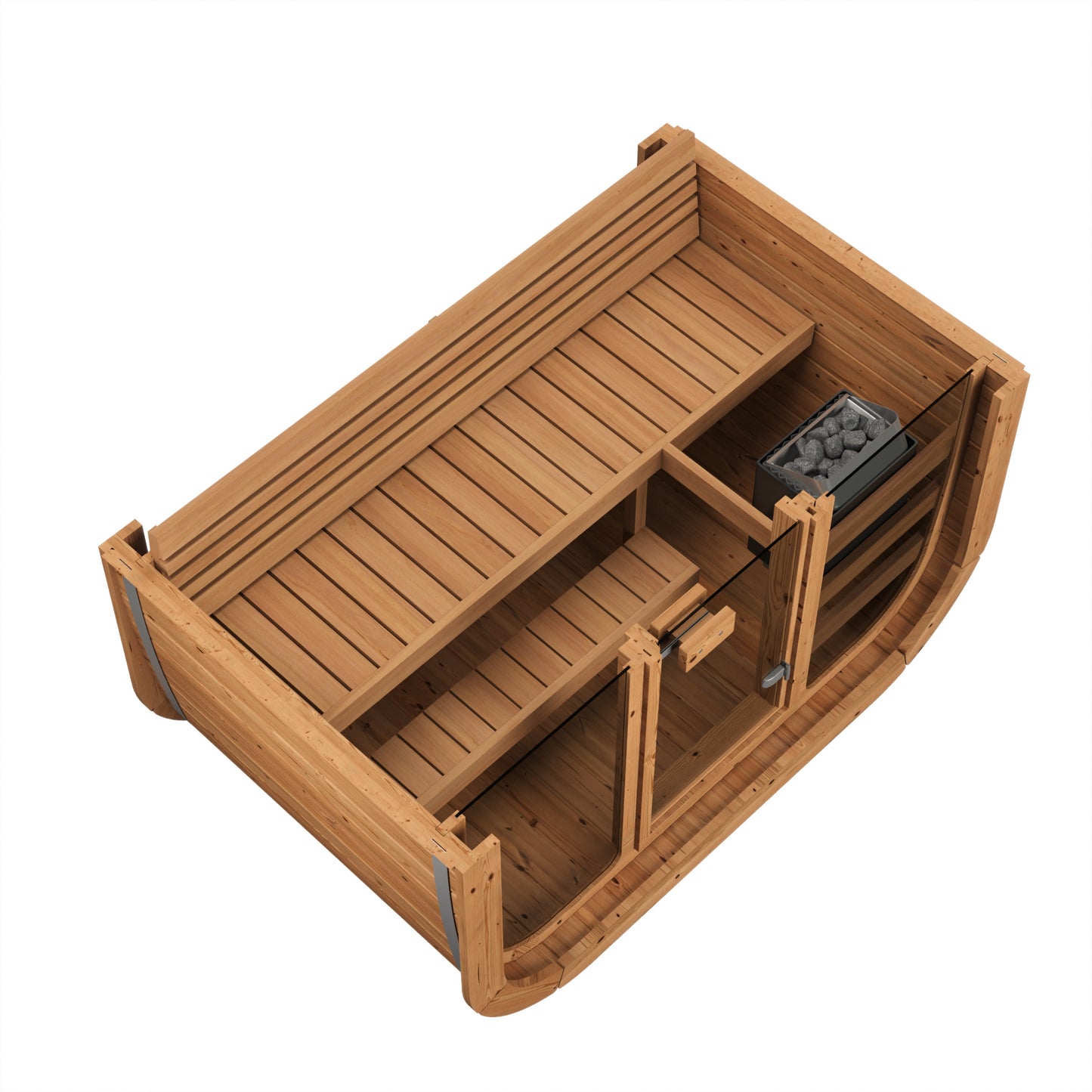 Steam & Oak Solo 205 sauna cutaway showing internal bench layout and corner heater position
