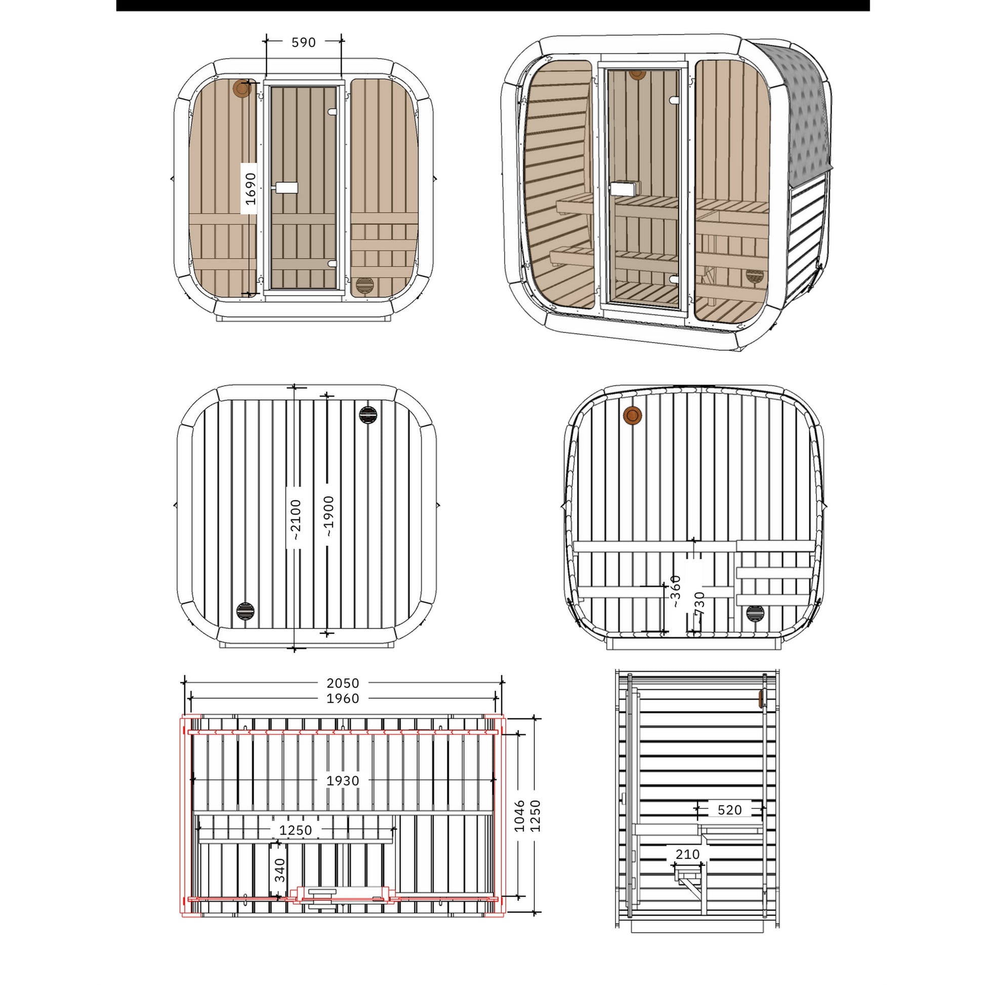 Steam & Oak Solo 205 sauna technical drawing with internal layout, elevations and dimensions in millimetres