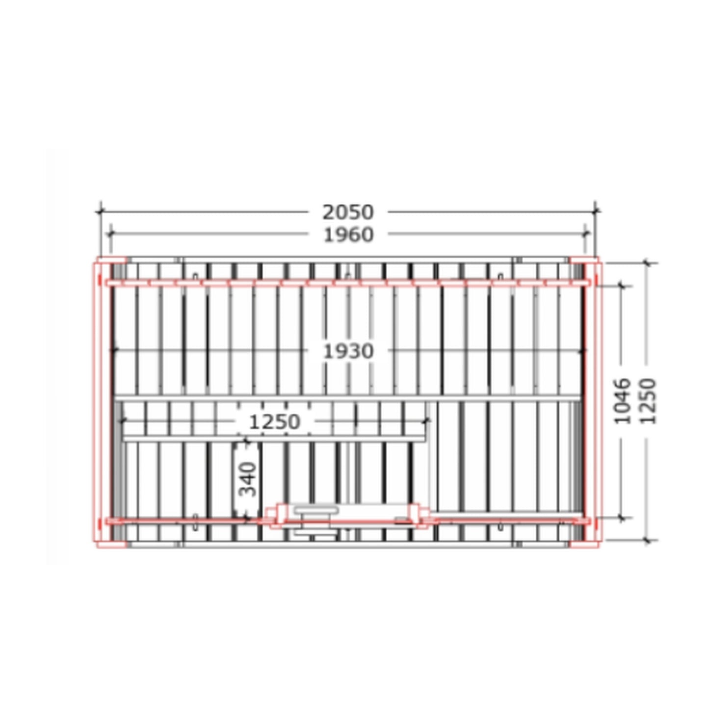 Steam & Oak Solo 205 sauna floor plan: 2050 mm wide by 1250 mm deep external, 1930 mm internal bench run