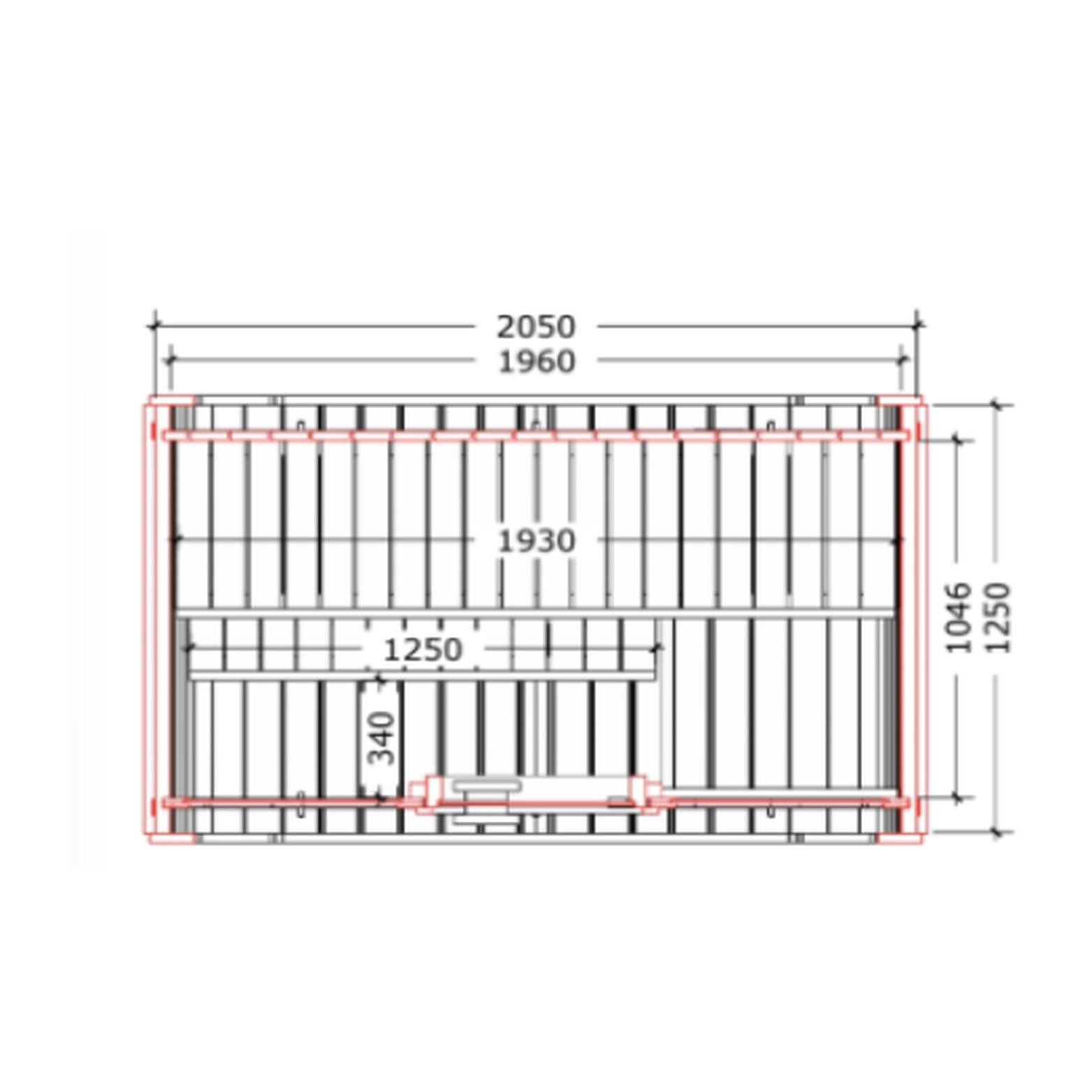 Steam & Oak Solo 205 sauna floor plan: 2050 mm wide by 1250 mm deep external, 1930 mm internal bench run