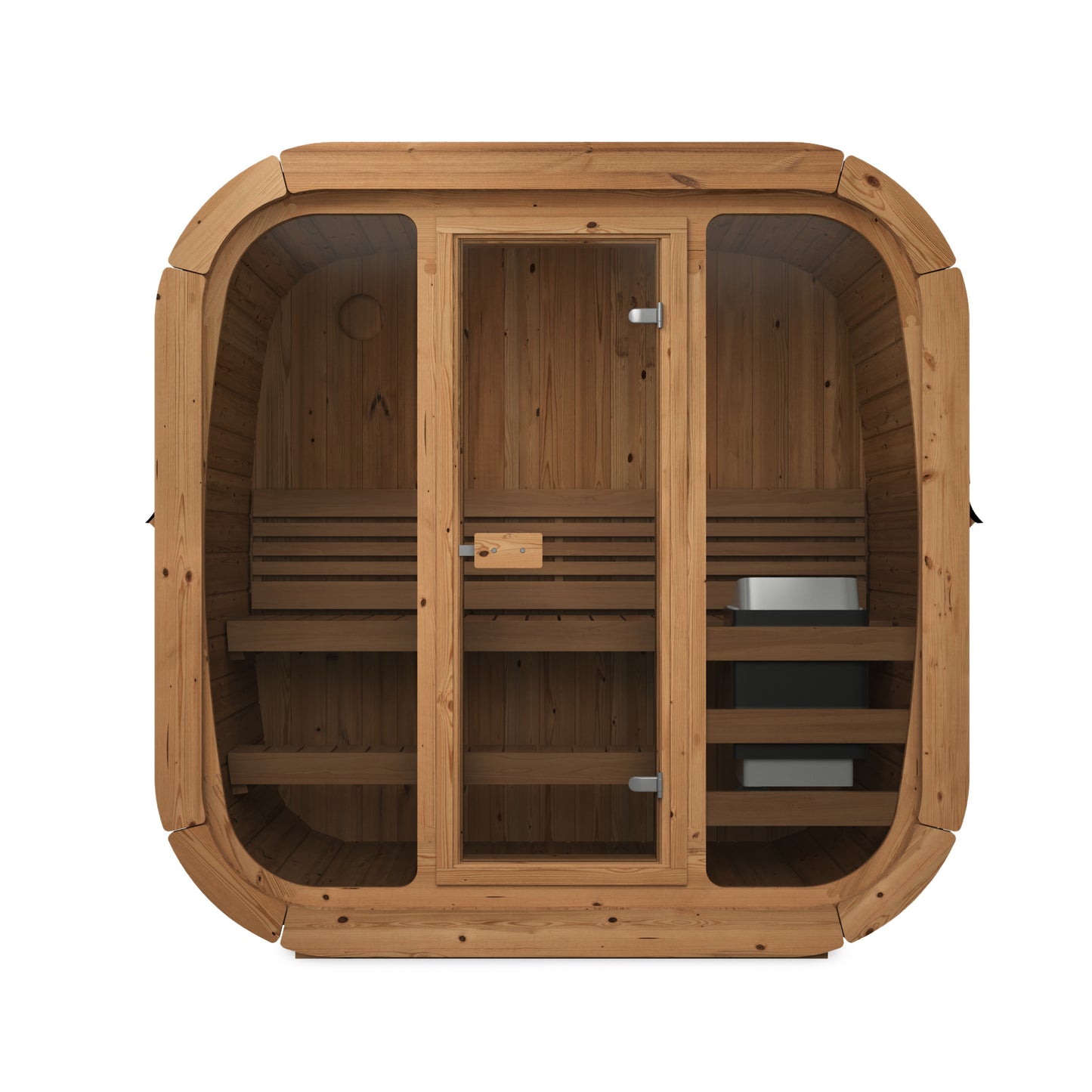 Steam & Oak Solo 205 sauna front elevation with tempered bronze glass door and two-tier benches