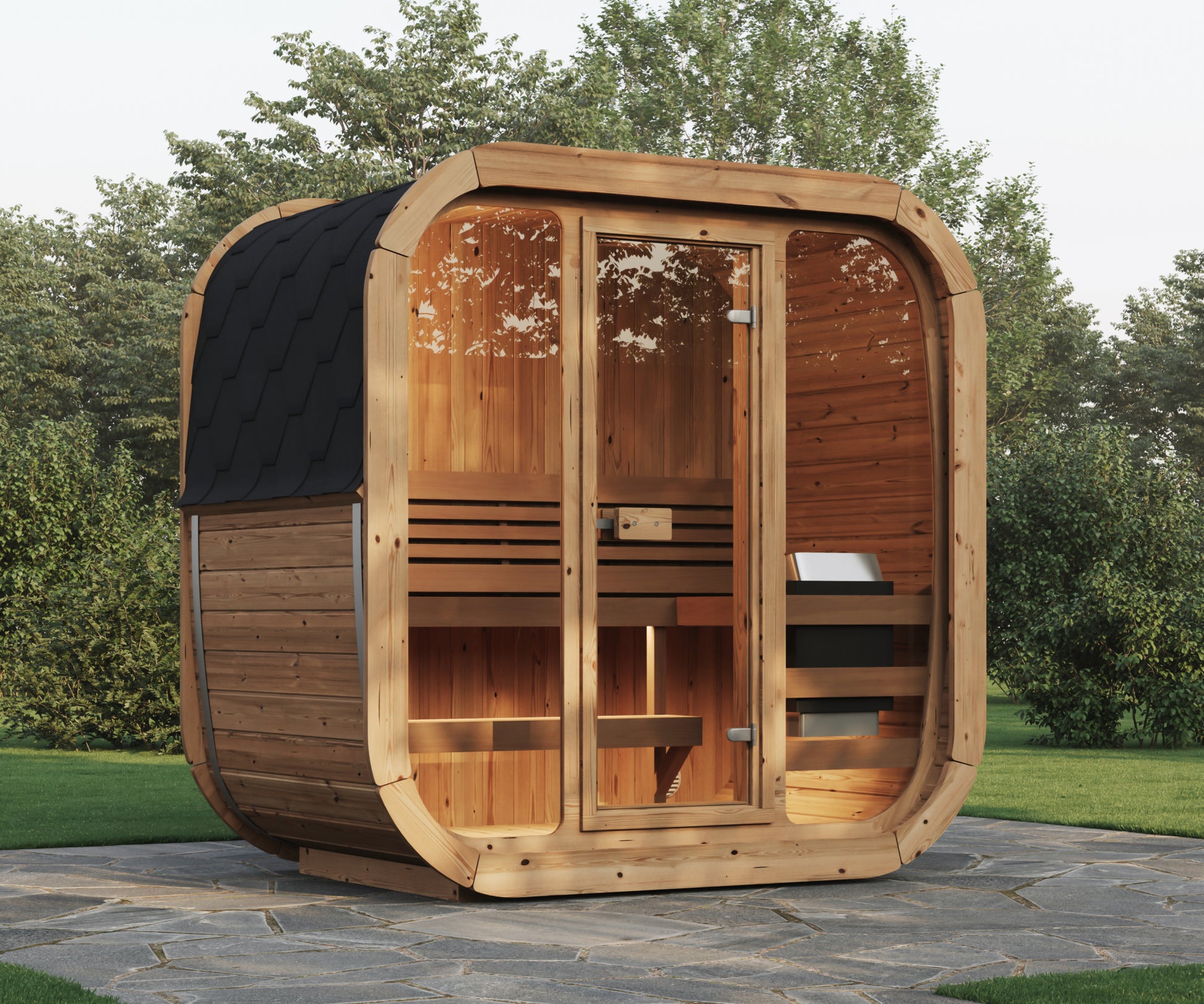 Steam & Oak Solo 205 outdoor sauna on a stone patio, thermowood cabin with full glass front and black shingle roof