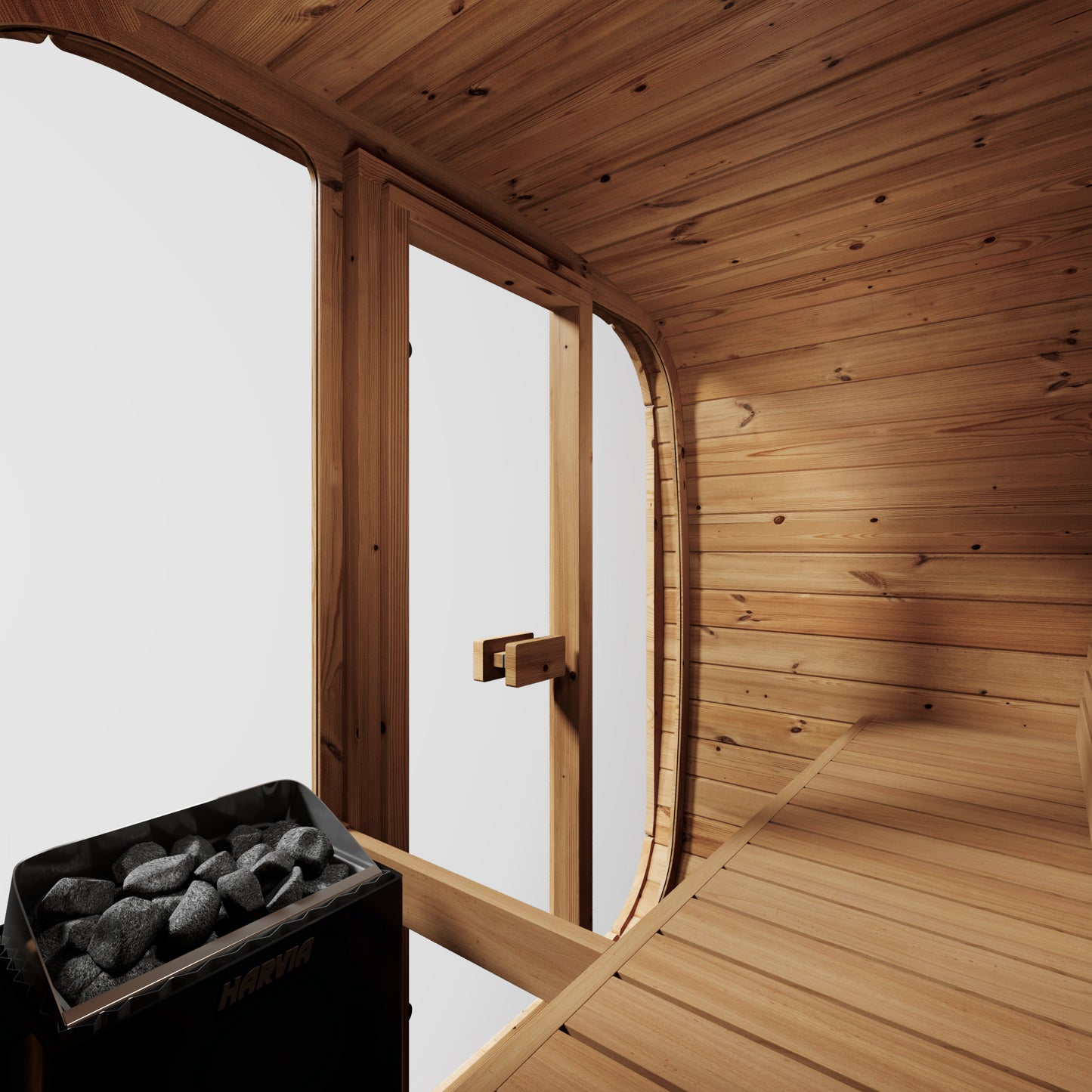 Interior of the Steam & Oak Solo 205 sauna showing thermo-aspen benches and a wall-mounted heater with stones