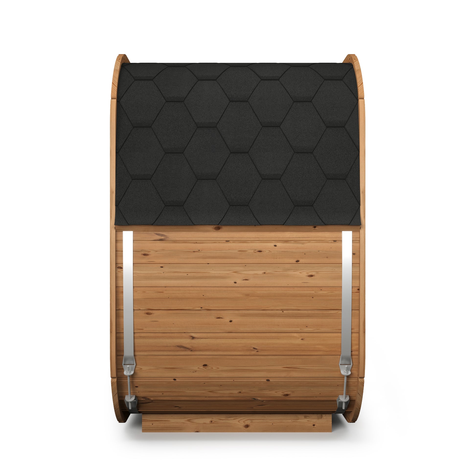 Side view of the Steam & Oak Solo 205 sauna showing curved bitumen shingle roof and stainless steel bands