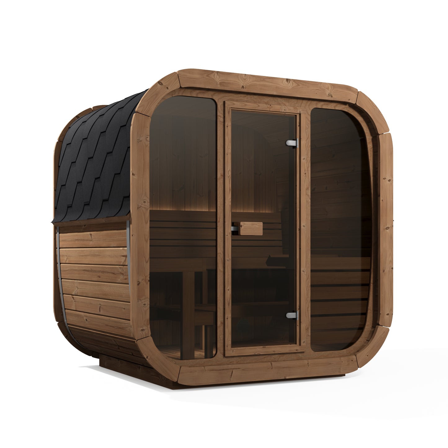 Steam & Oak Tallin 160 outdoor sauna in thermowood with full glass front and bronze glass door