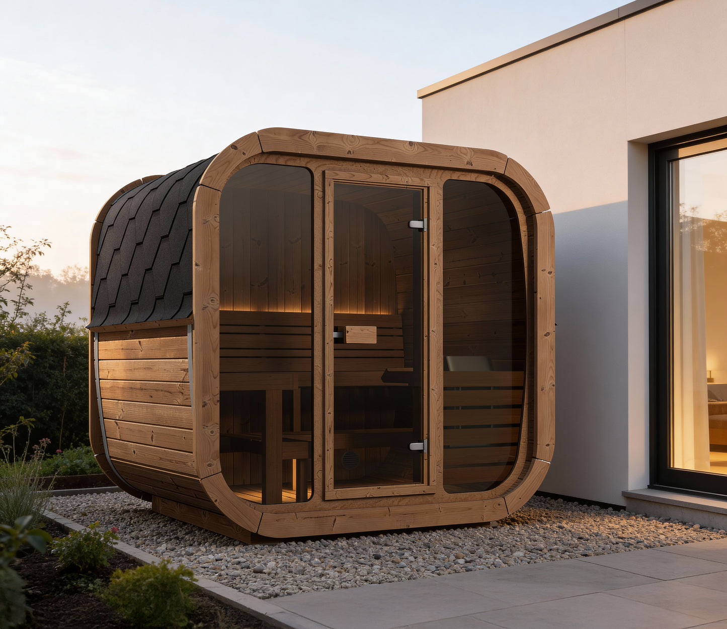 Tallin 160 thermowood sauna cabin at dusk beside a modern house, interior lit