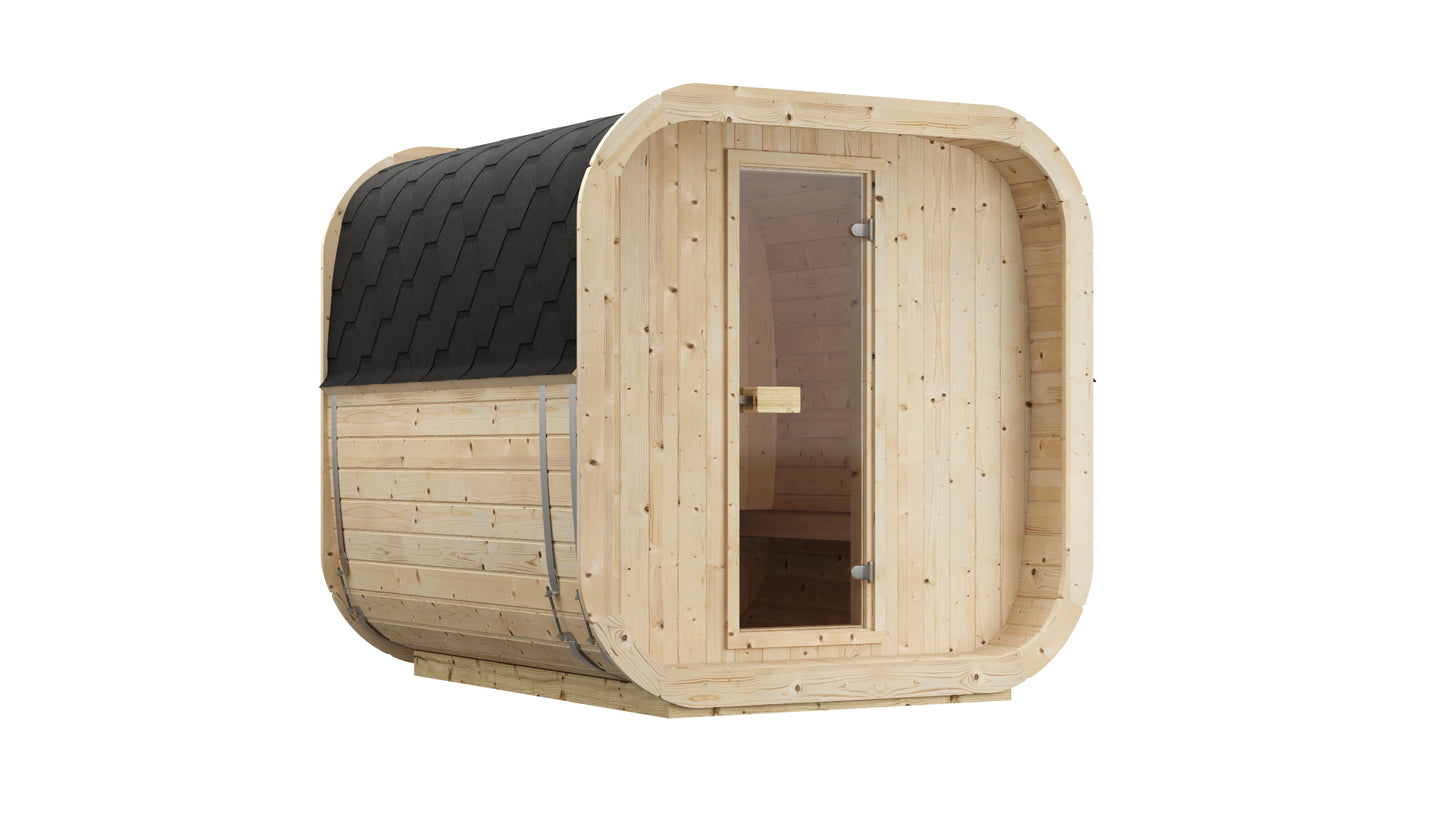 Steam & Oak Tallin 200 outdoor cube sauna in Nordic spruce, view 1