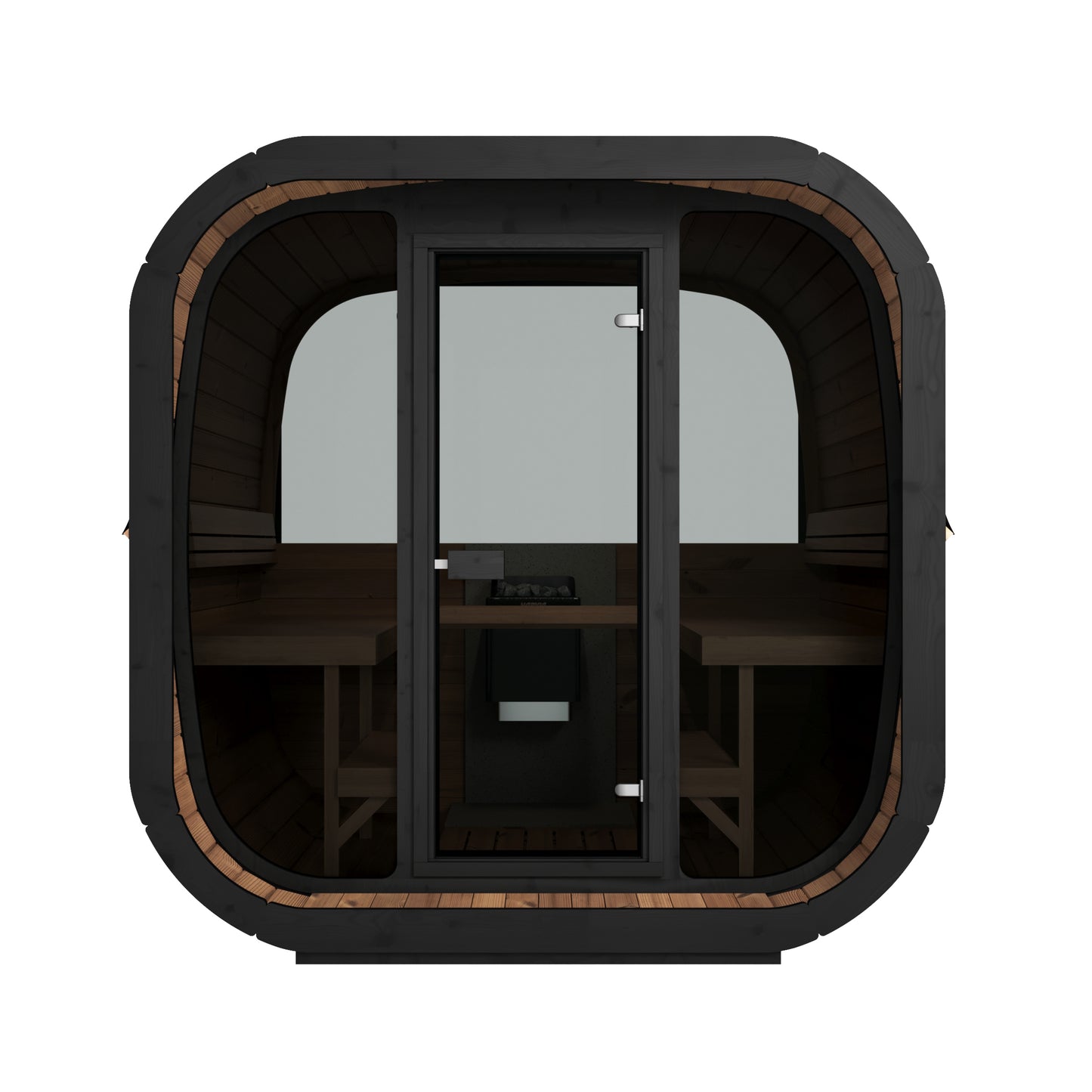 Steam & Oak Tallin 220 XL black thermowood cube sauna with full glass front, view 3