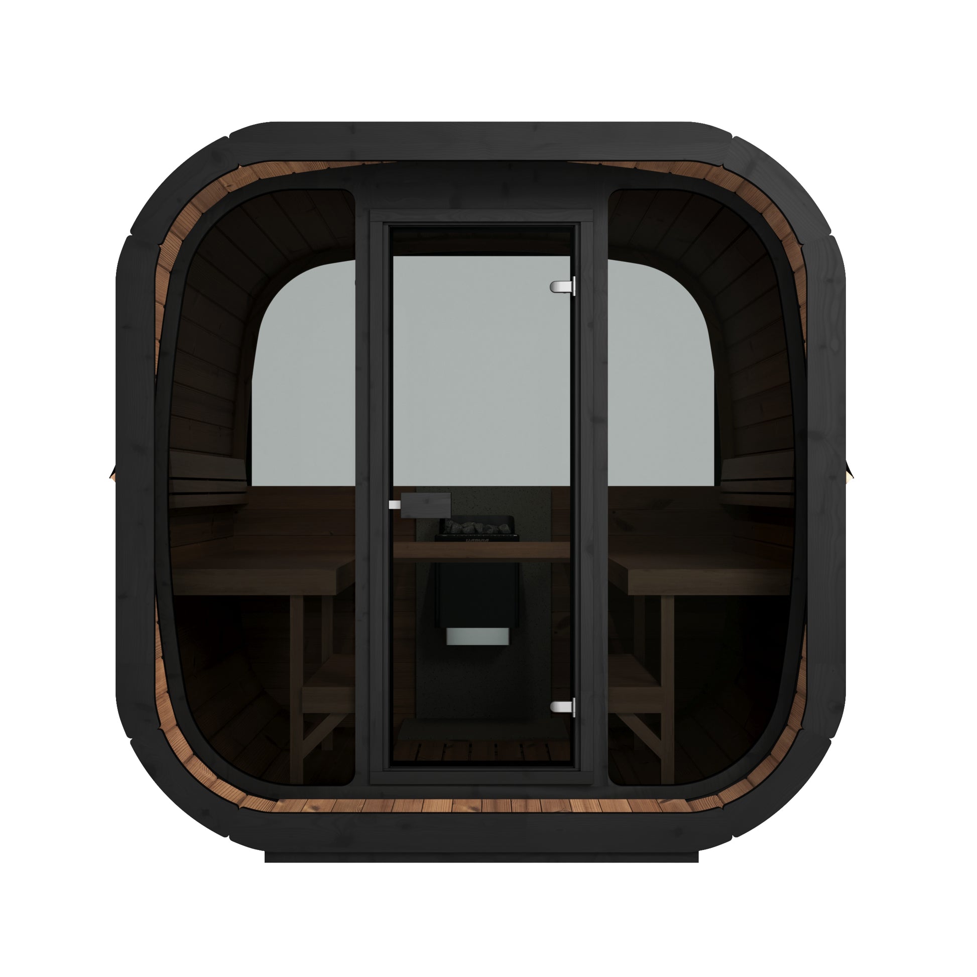 Steam & Oak Tallin 220 XL black thermowood cube sauna with full glass front, view 3