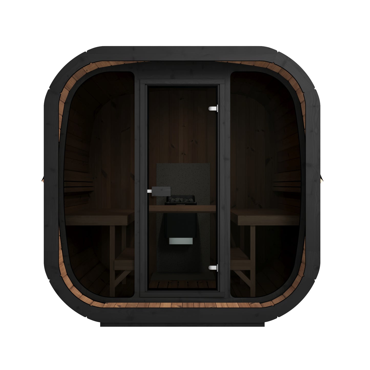 Steam & Oak Tallin 220 XL black thermowood cube sauna with full glass front, view 4