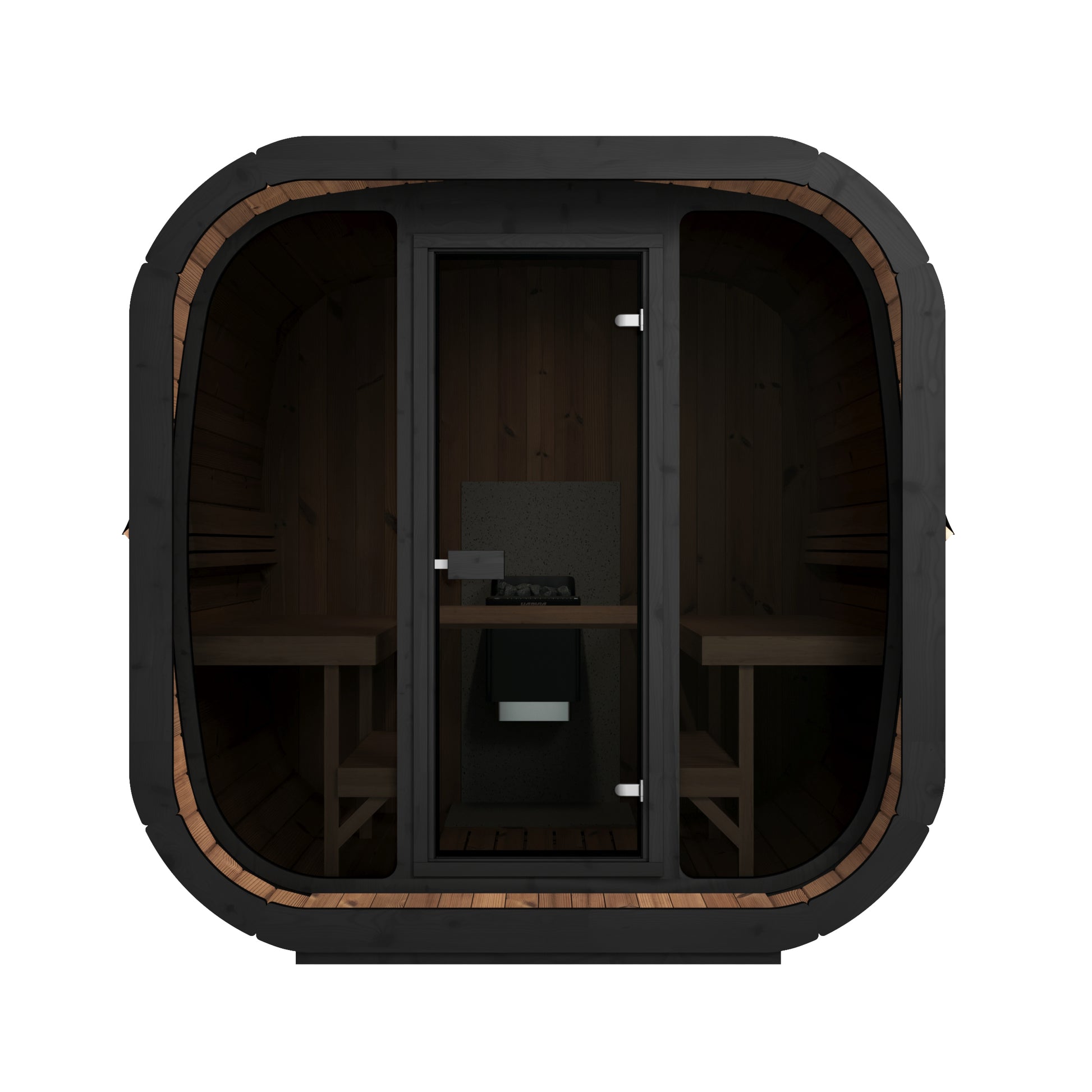 Steam & Oak Tallin 220 XL black thermowood cube sauna with full glass front, view 4