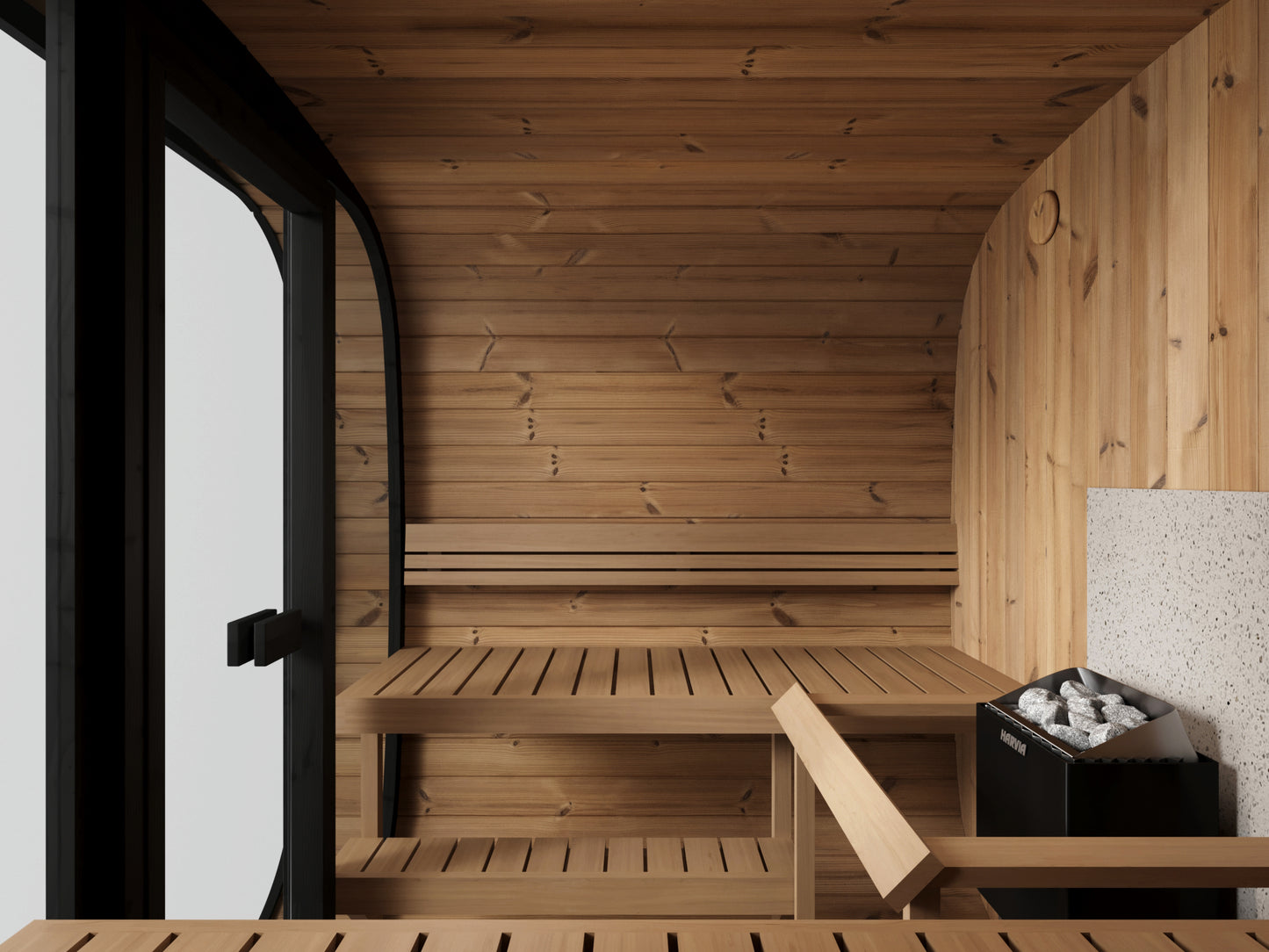 Steam & Oak Tallin 220 XL black thermowood cube sauna with full glass front, view 6