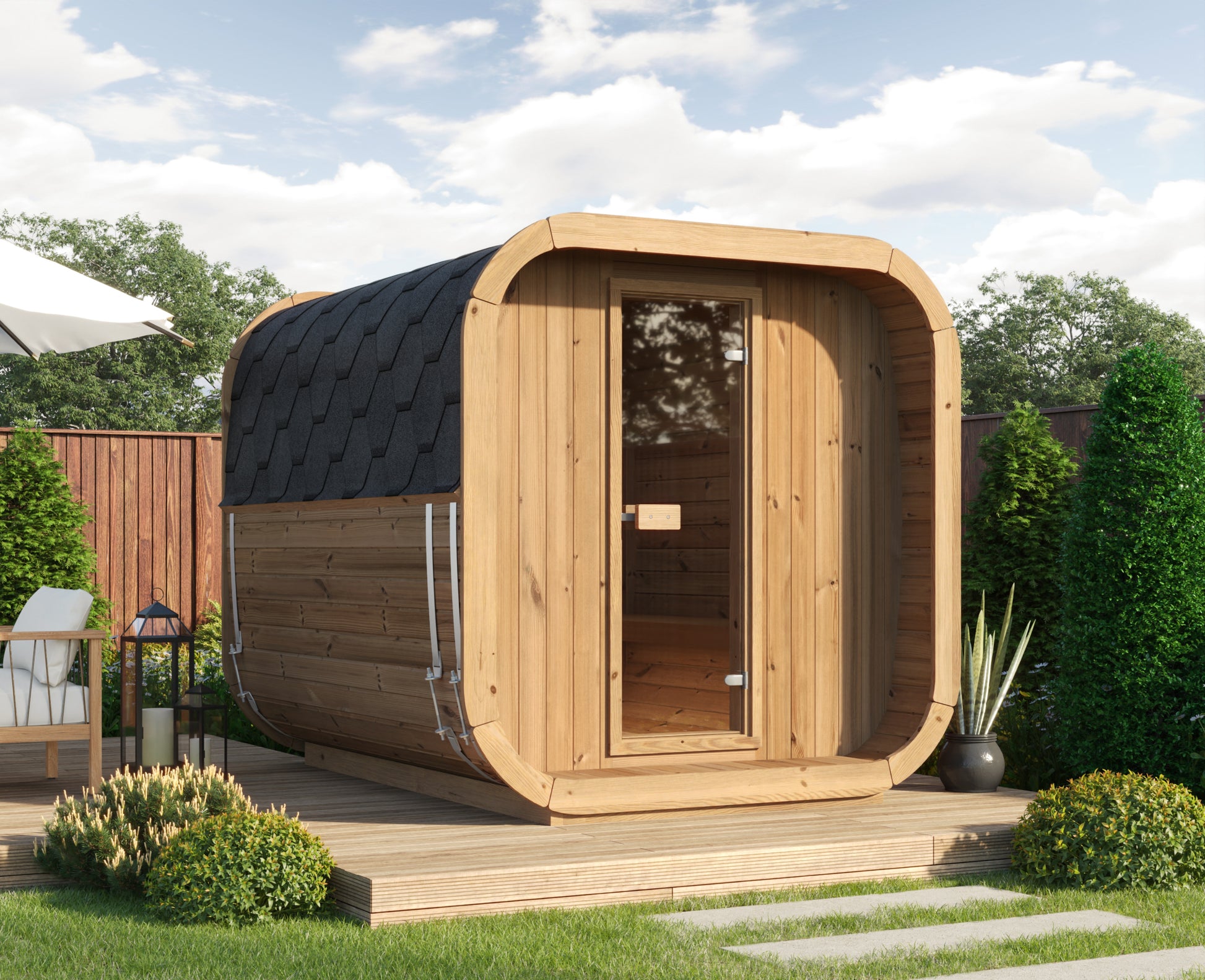 Steam & Oak Tallin 250 outdoor cube sauna in thermowood, view 4