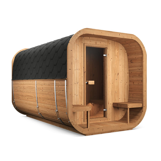 Steam & Oak Tallin 385 XL outdoor cube sauna with changing room and covered terrace, view 1