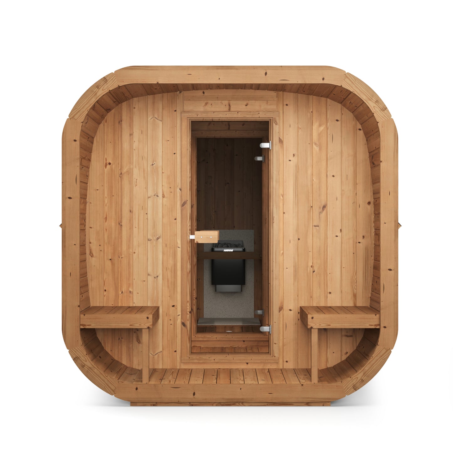 Steam & Oak Tallin 385 XL outdoor cube sauna with changing room and covered terrace, view 2