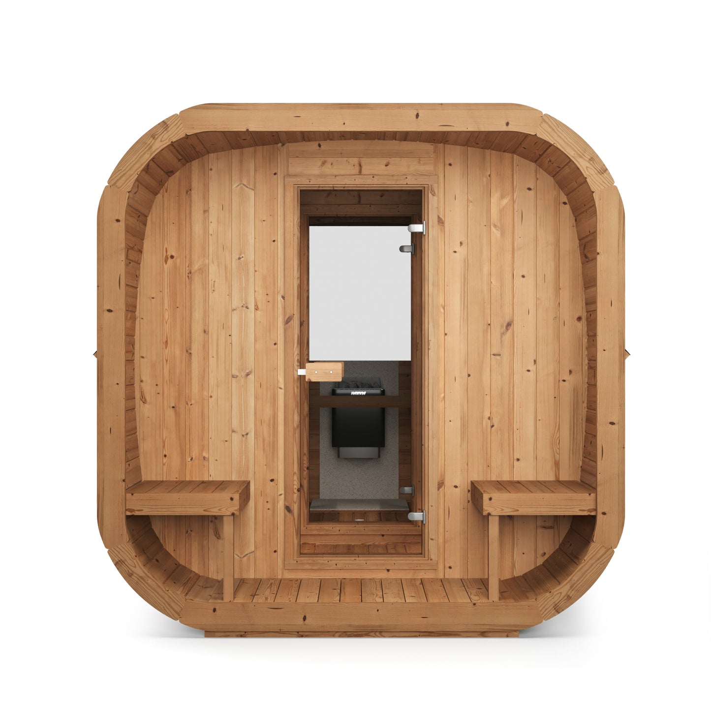 Steam & Oak Tallin 385 XL outdoor cube sauna with changing room and covered terrace, view 3
