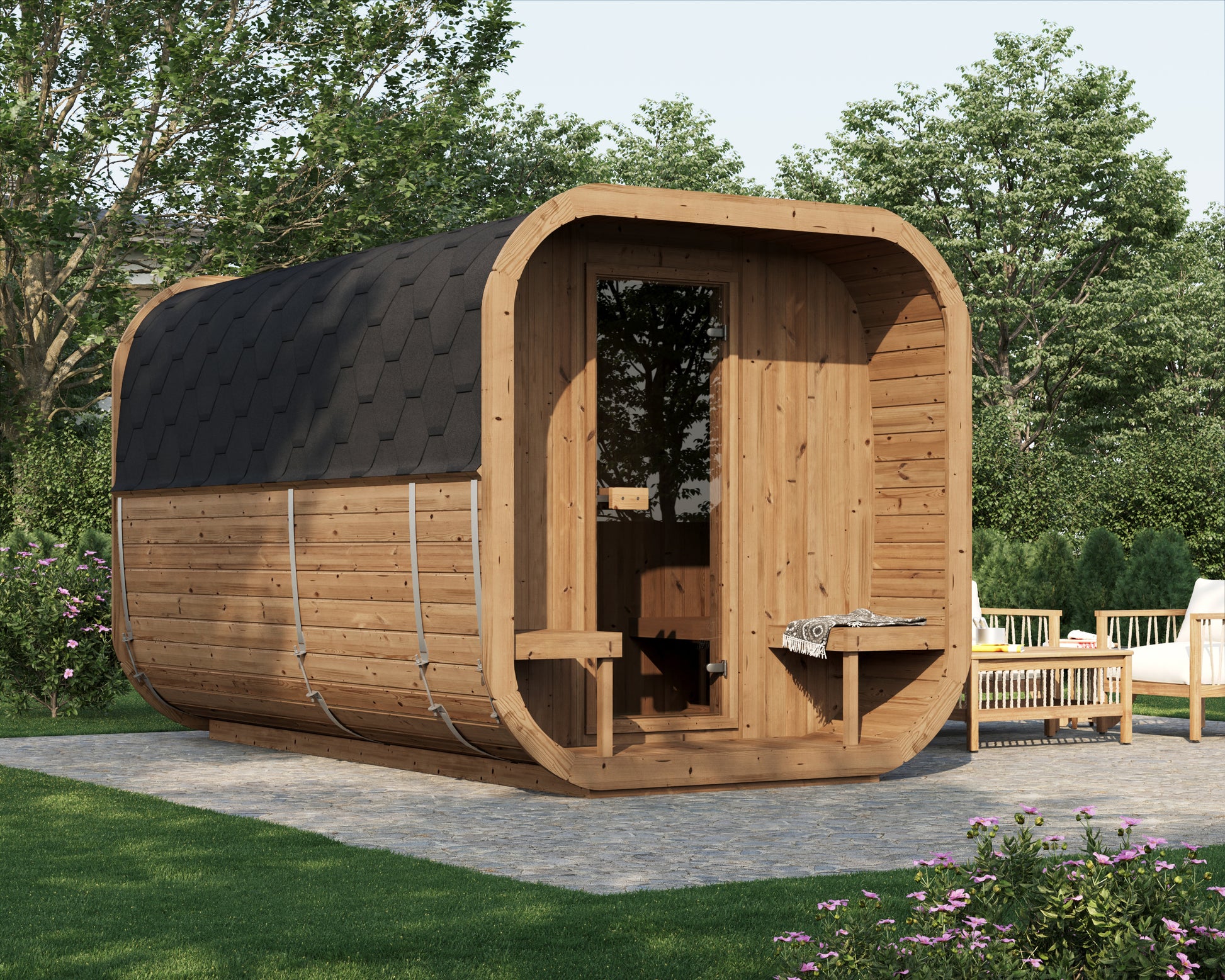 Steam & Oak Tallin 385 XL outdoor cube sauna with changing room and covered terrace, view 9