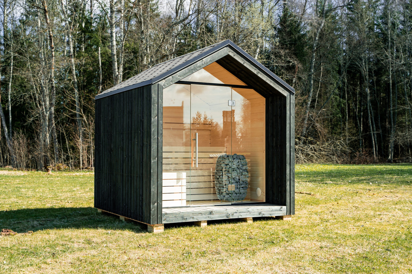 Steam & Oak Tartu pre-assembled sauna house, blackened spruce with full glass gable and aspen interior, view 6