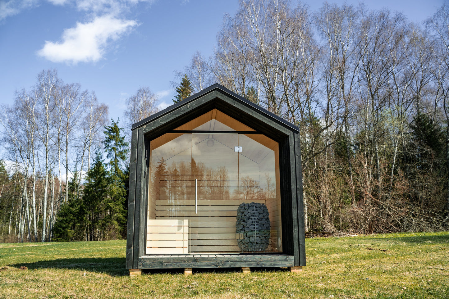 Steam & Oak Tartu pre-assembled sauna house, blackened spruce with full glass gable and aspen interior, view 7