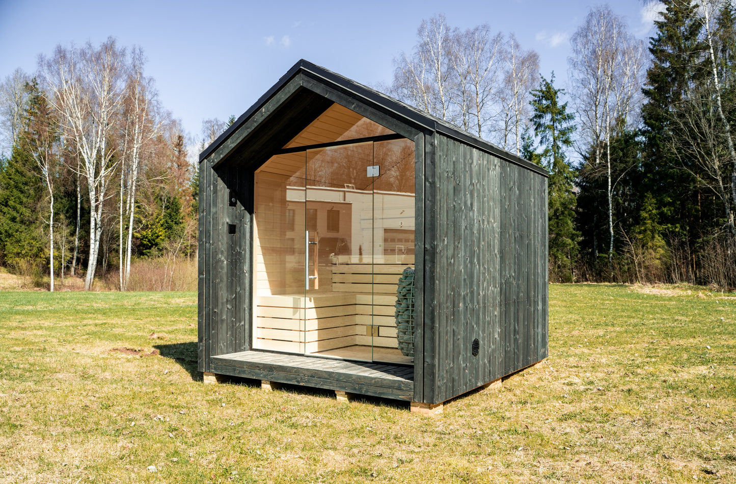Steam & Oak Tartu pre-assembled sauna house, blackened spruce with full glass gable and aspen interior, view 8