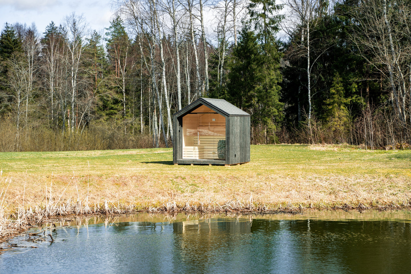 Steam & Oak Tartu pre-assembled sauna house, blackened spruce with full glass gable and aspen interior, view 9
