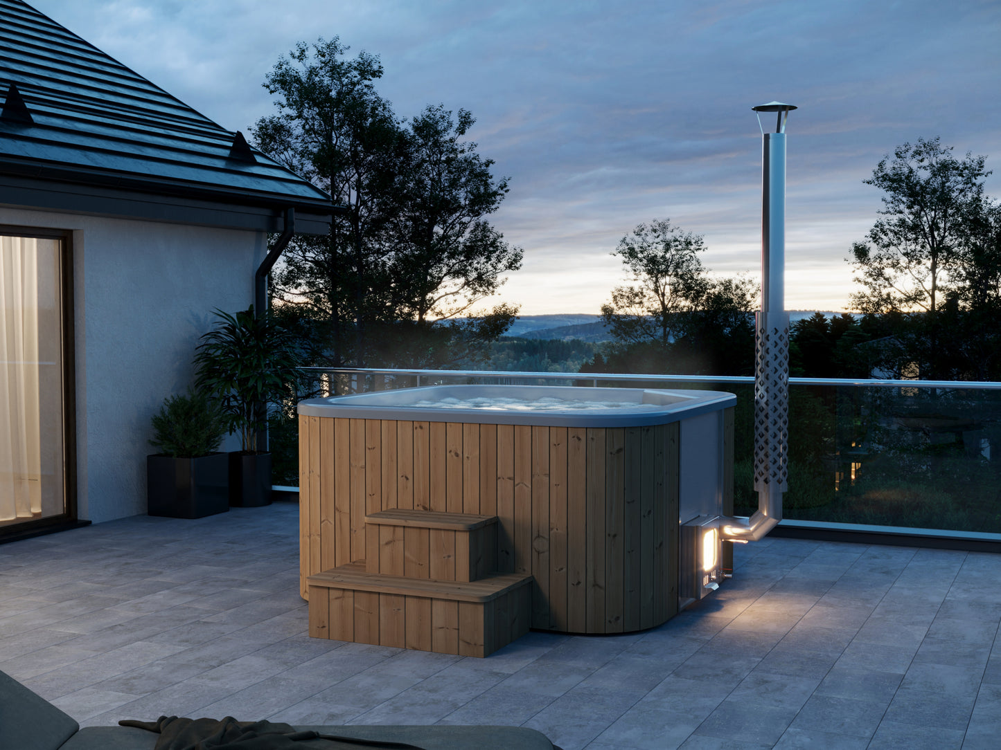 Hehku 1500 wood-fired hot tub, garden view
