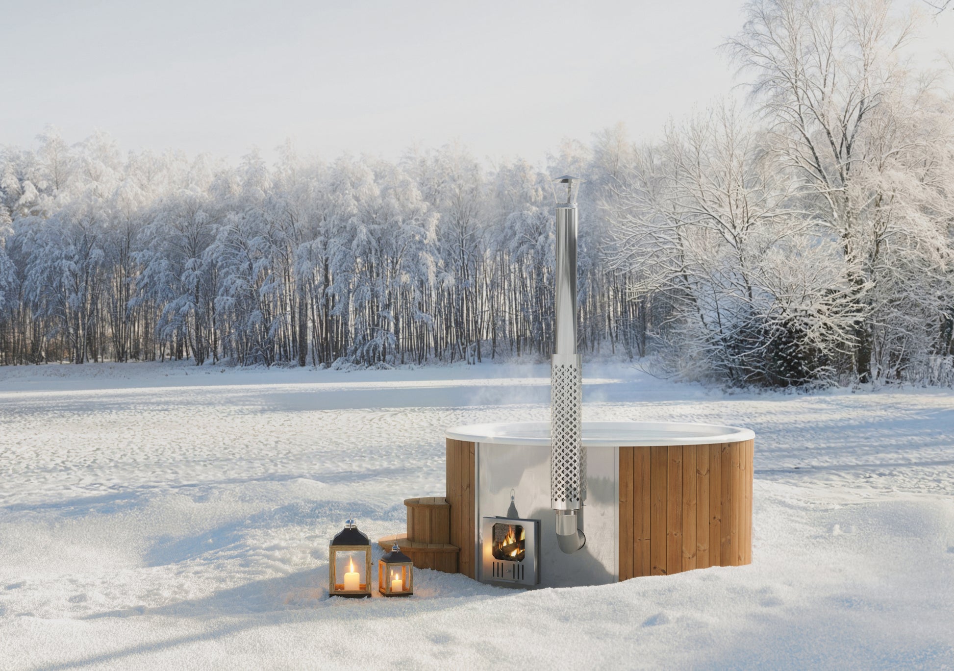Hehku 1150 wood-fired hot tub in a winter garden setting
