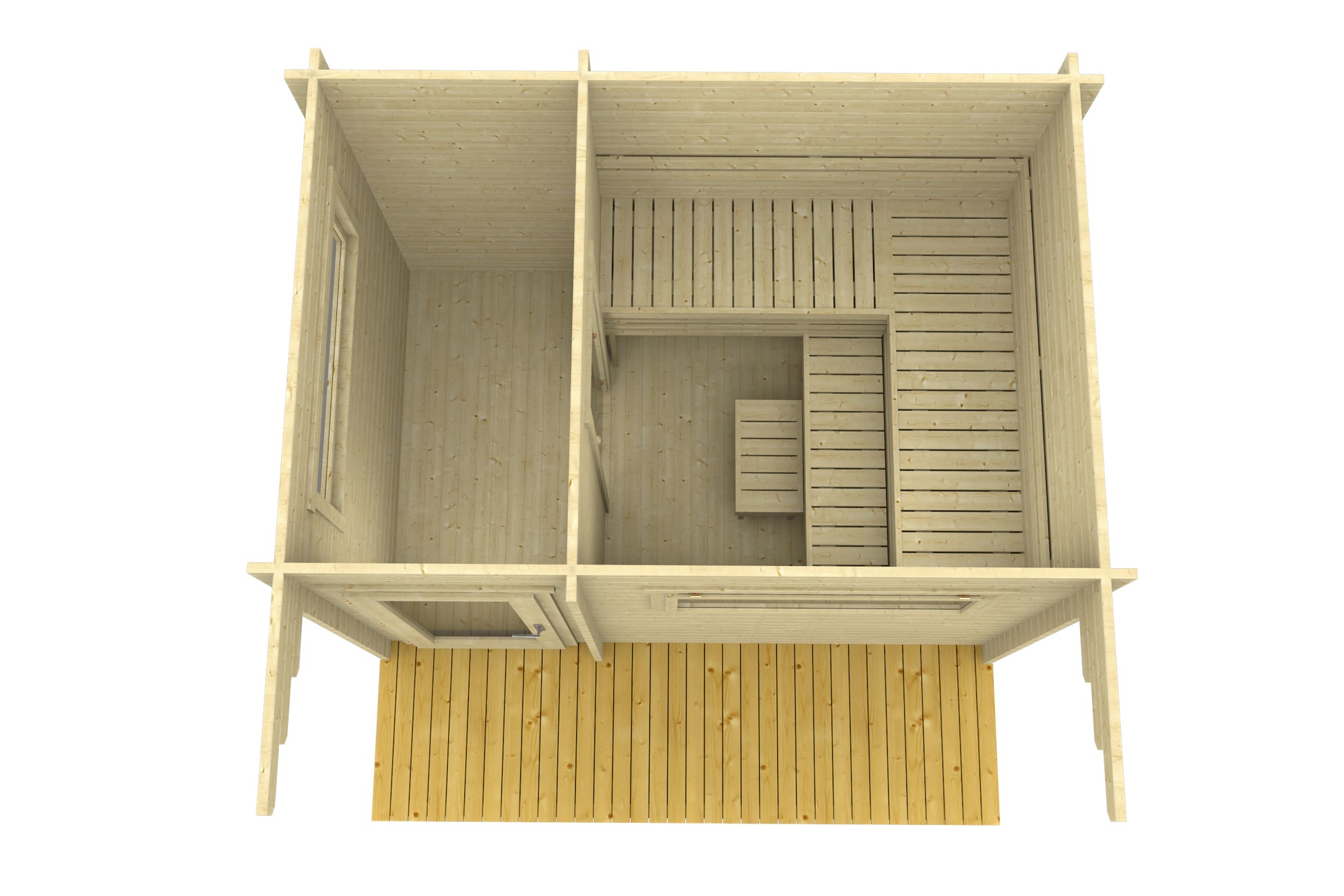 Timo 320 sauna cabin cutaway showing the changing room, the sauna room with tiered benches and the covered porch