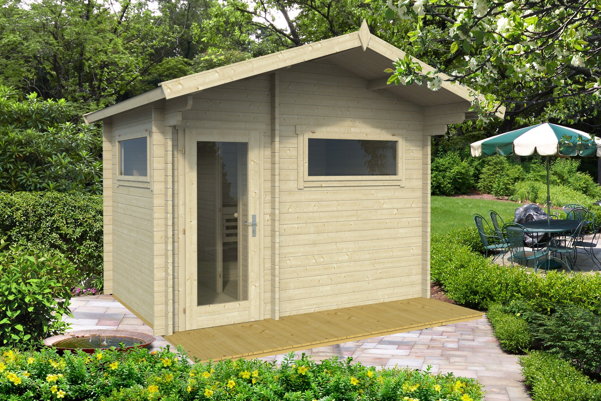 Steam & Oak Timo 320 sauna cabin with pitched roof and covered porch