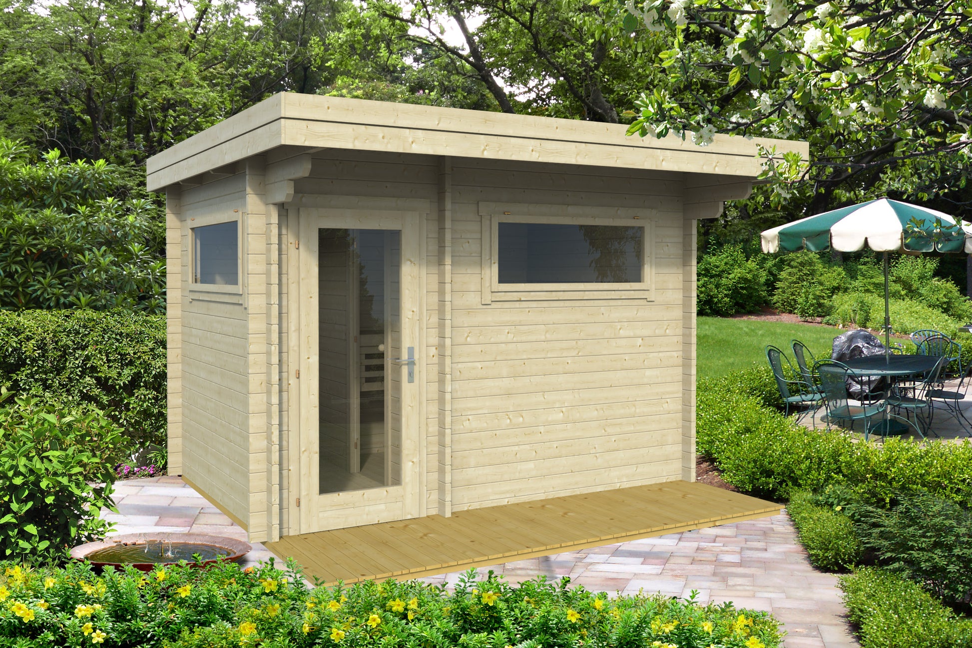 Timo 320 sauna cabin with the flat roof option