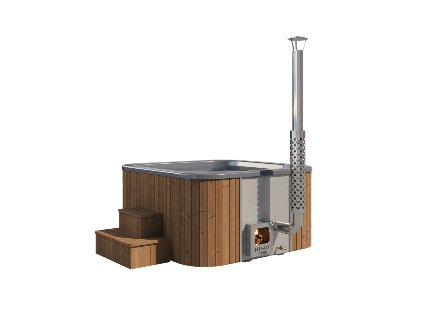 Hehku 1500 wood-fired hot tub, side view with stove