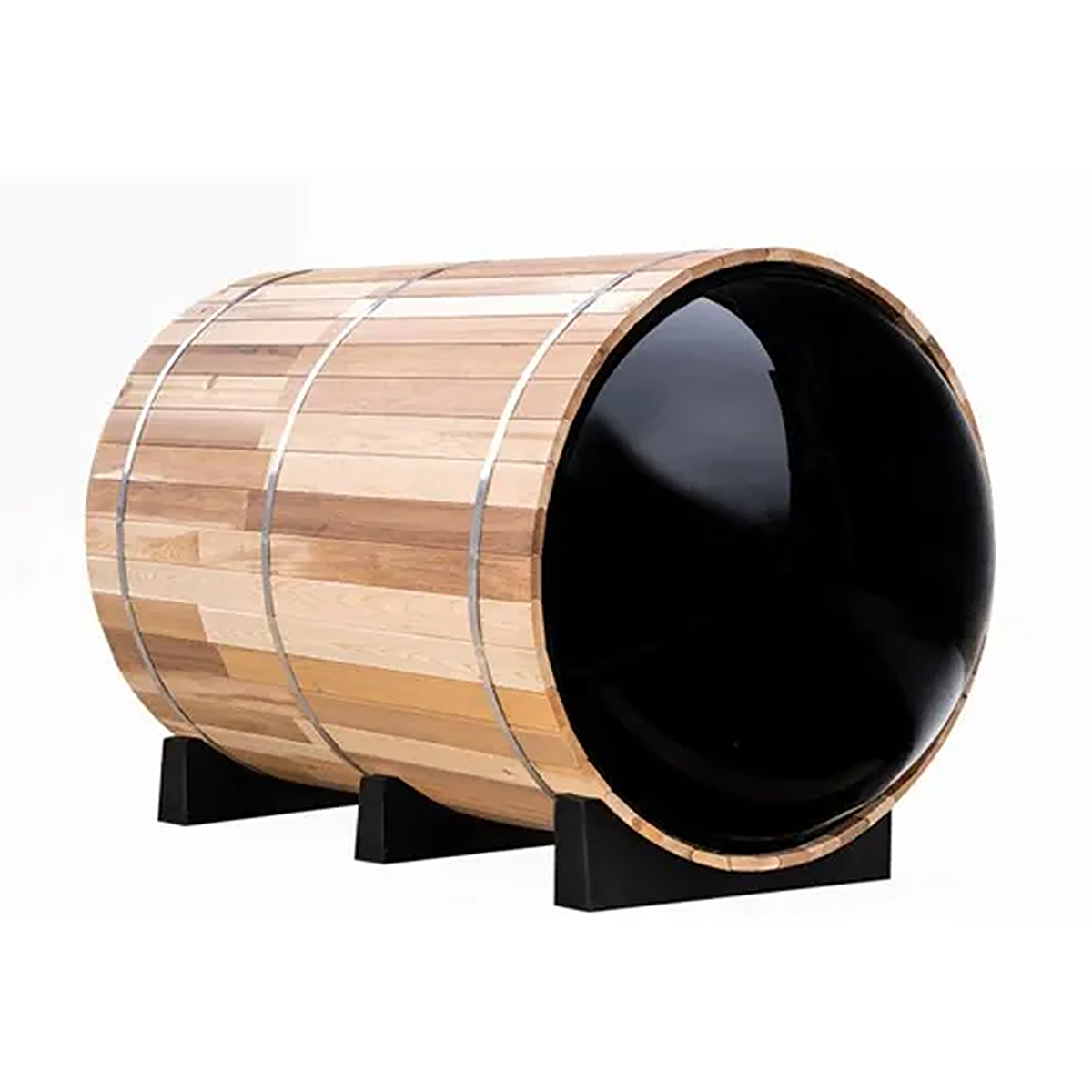 Barrel sauna with a full-width panoramic glass end, shown from the side