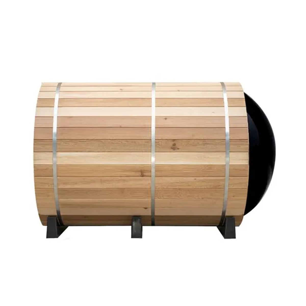 Side view of the panoramic barrel sauna showing the timber staves and steel bands