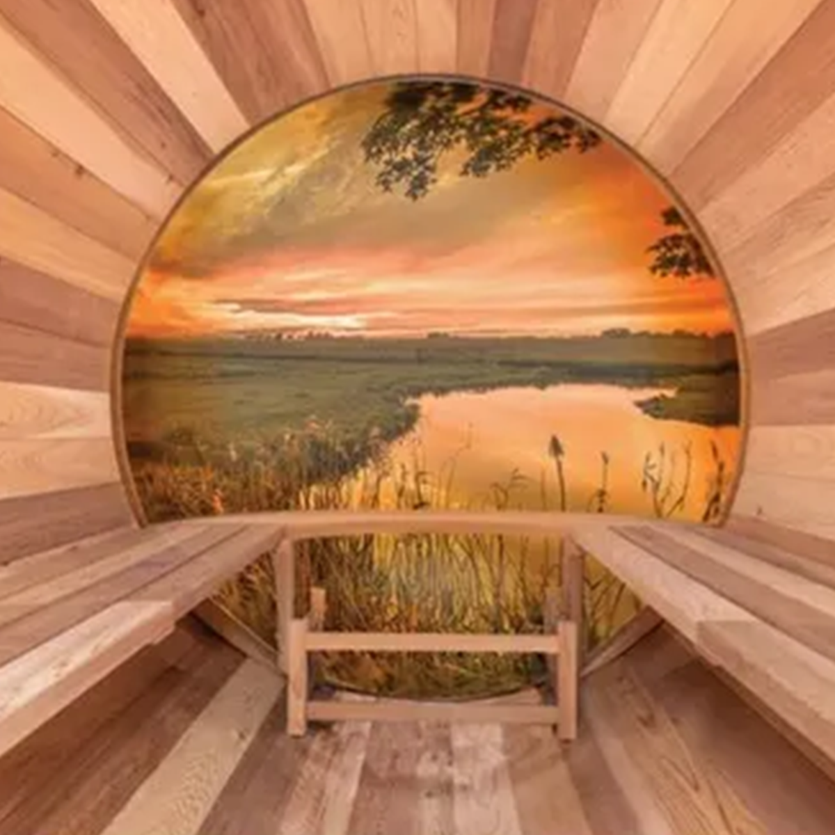 Interior of the six person panoramic barrel sauna with facing benches