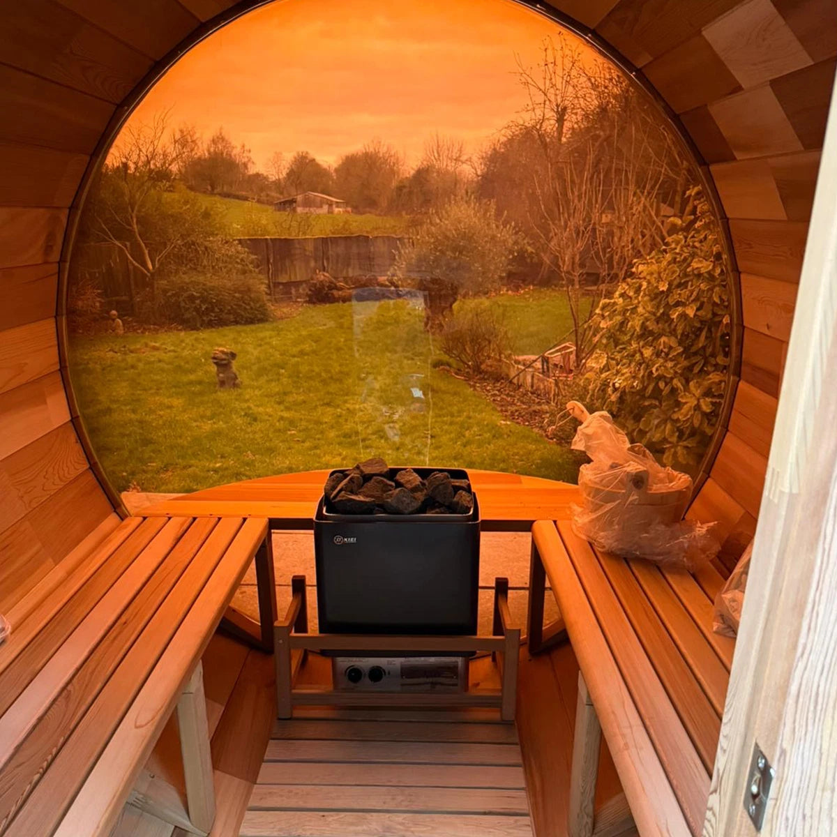 Vantage 2400 Barrel Sauna — 6 Person Outdoor Panoramic | Steam & Oak